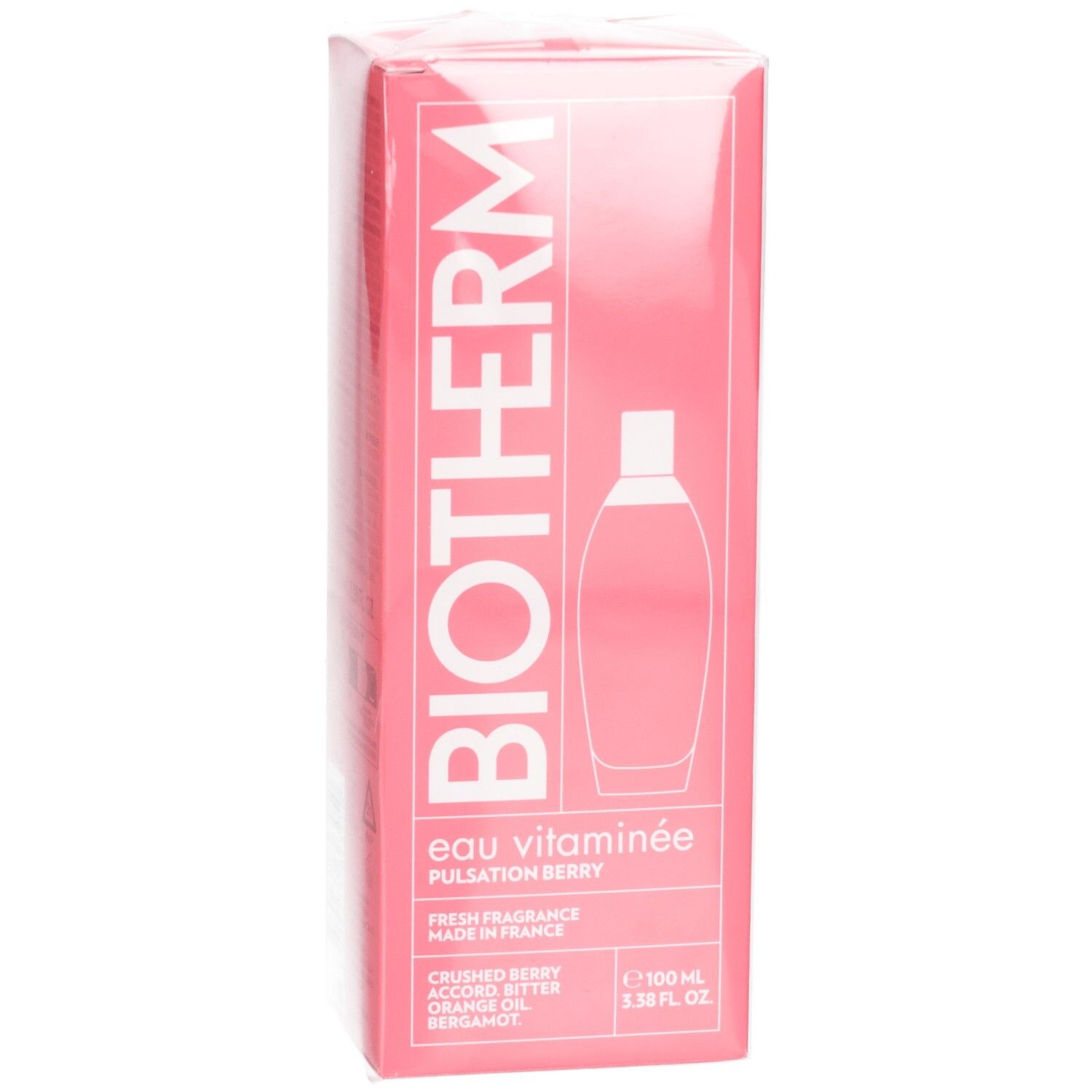 Boîte rose avec logo BIOTHERM et nom du produit. Contient une illustration du flacon. Texte: Eau Vitaminée, Pulsation Berry.