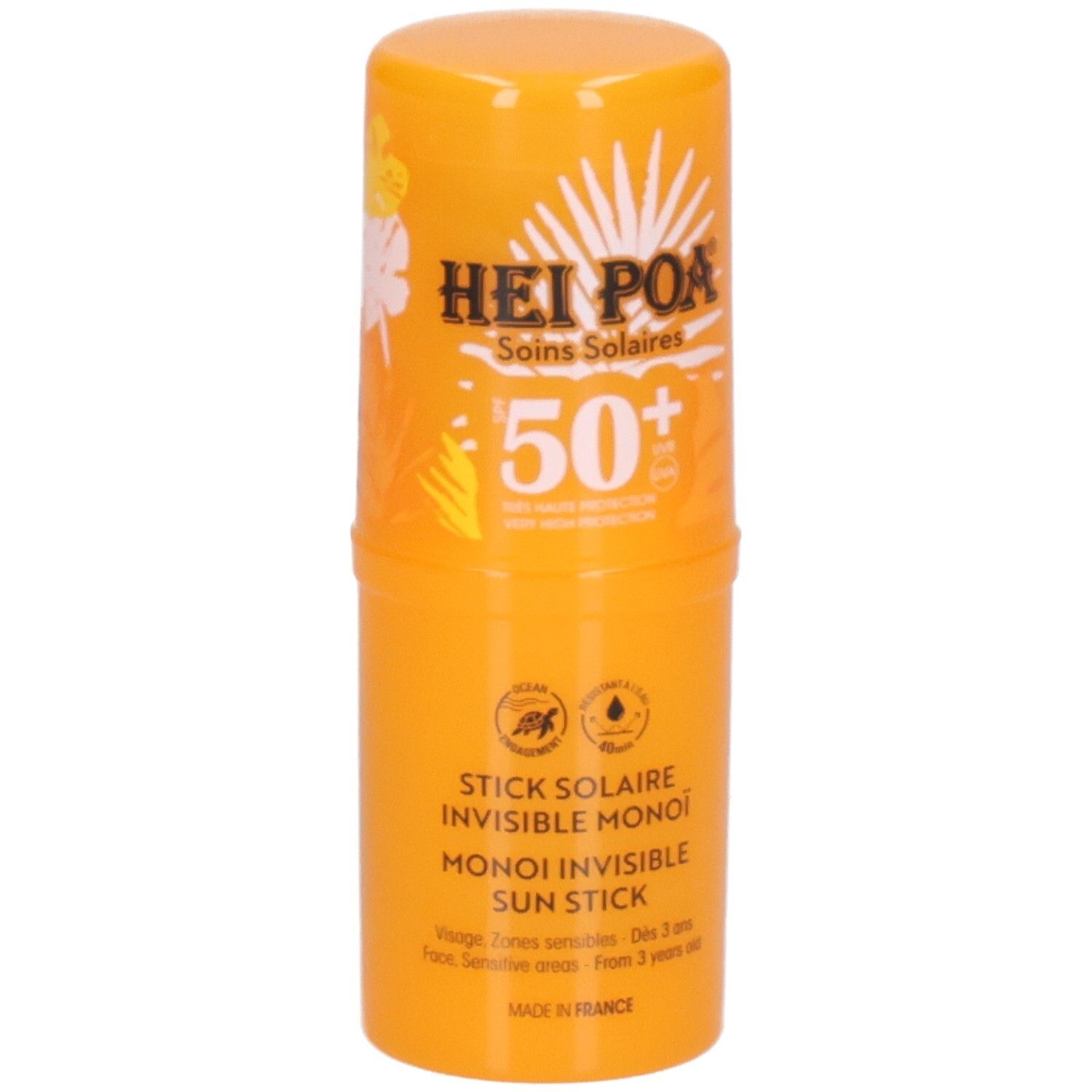Stick solaire orange SPF 50+. Logo Hei Poa et nom du produit visibles.