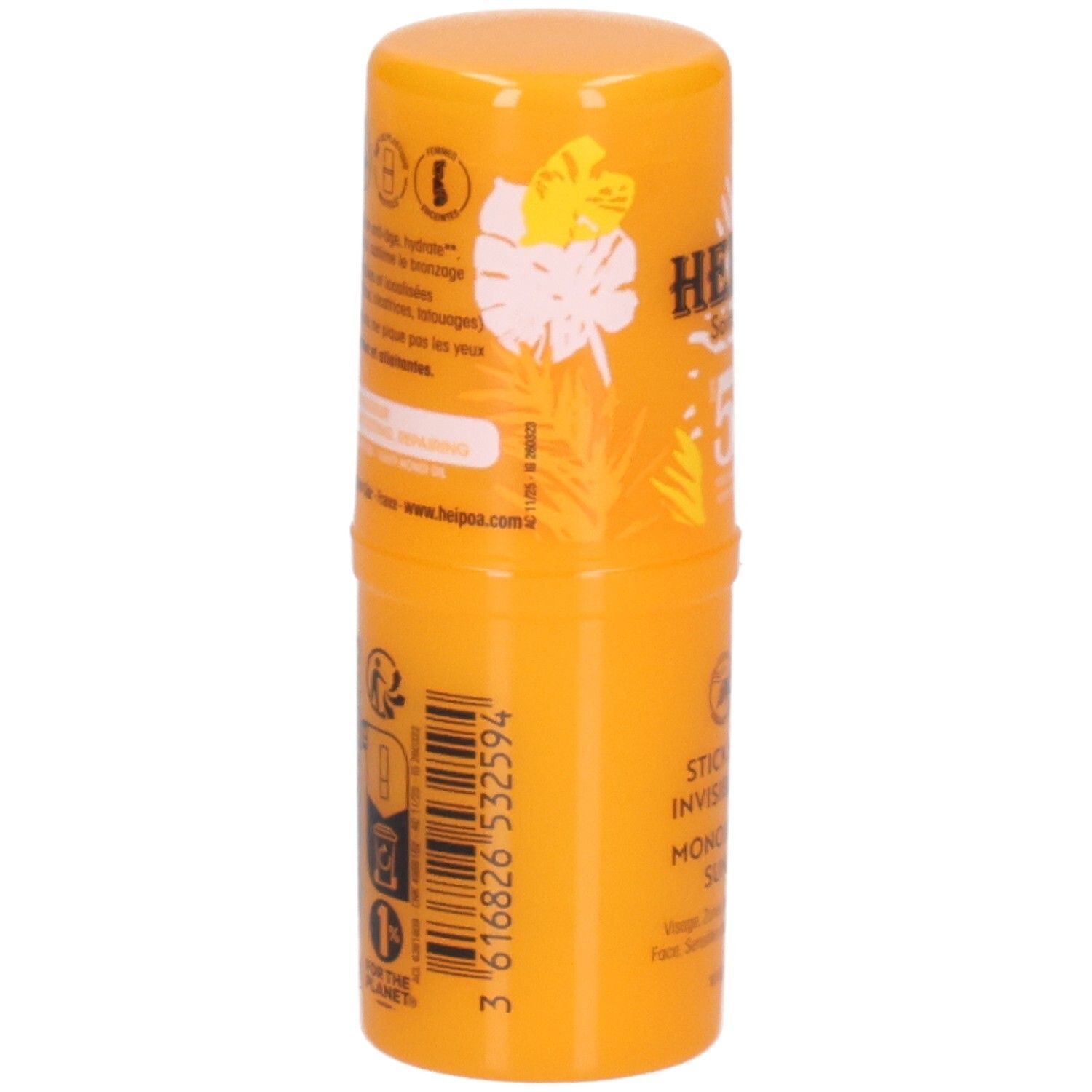 Arrière d'un stick solaire orange. Code-barres et informations produit visibles.