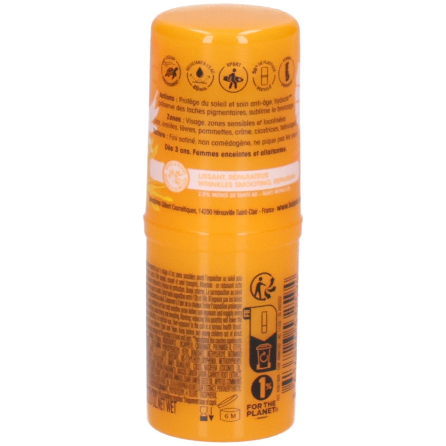 Vue latérale d'un stick solaire orange avec informations produit détaillées.