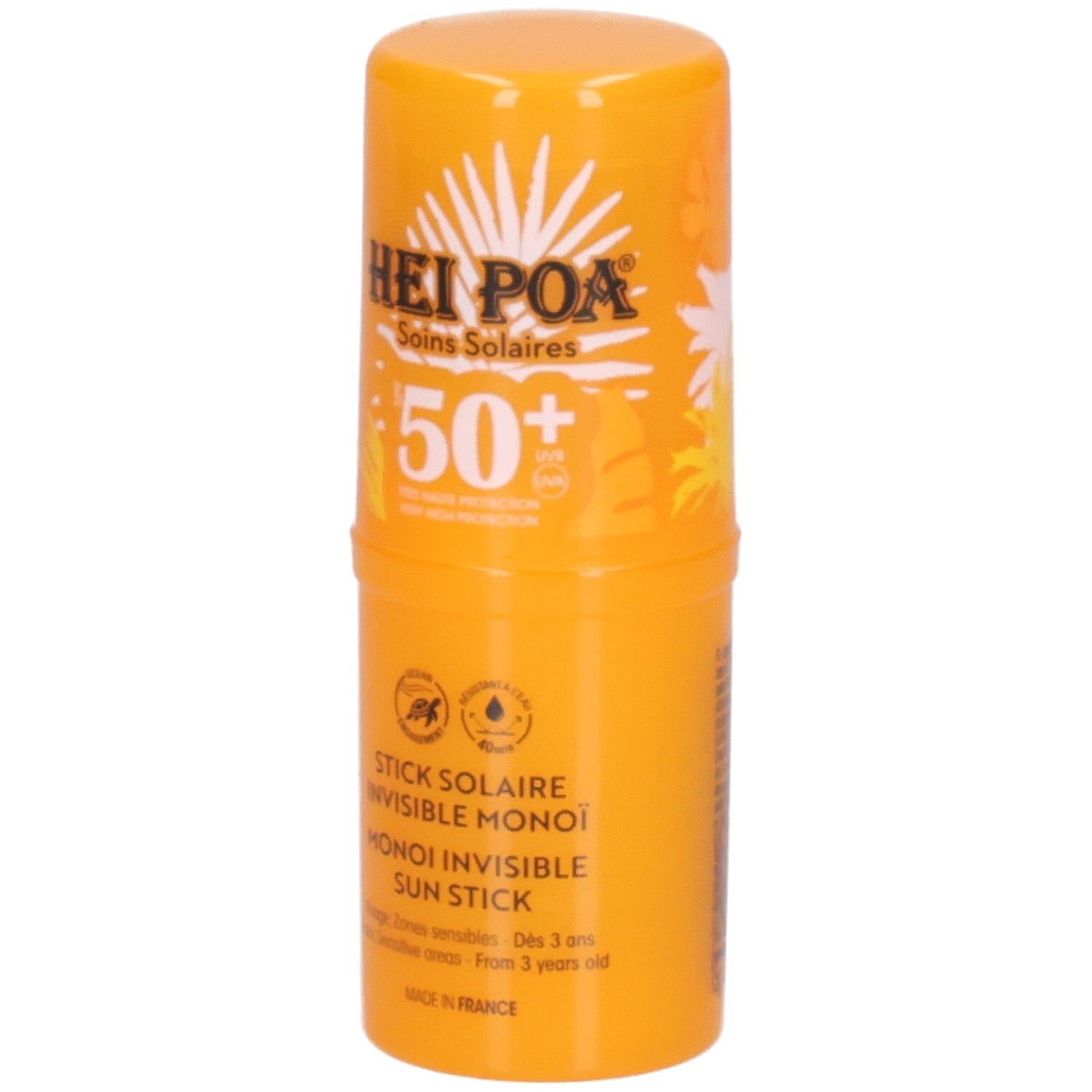Stick solaire orange SPF 50+. Logo Hei Poa et nom du produit visibles.