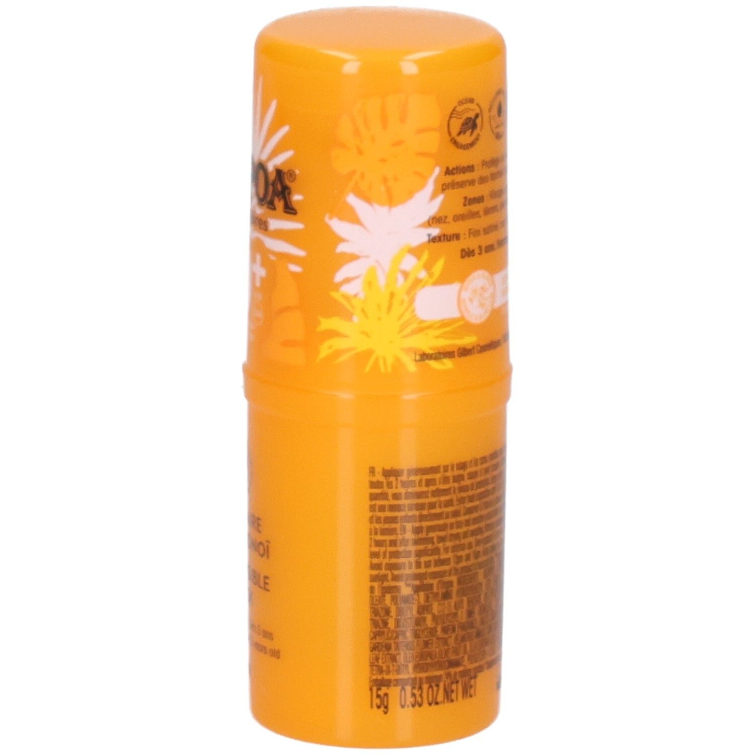 Stick solaire orange SPF 50+. Informations produit et poids 15g visibles.