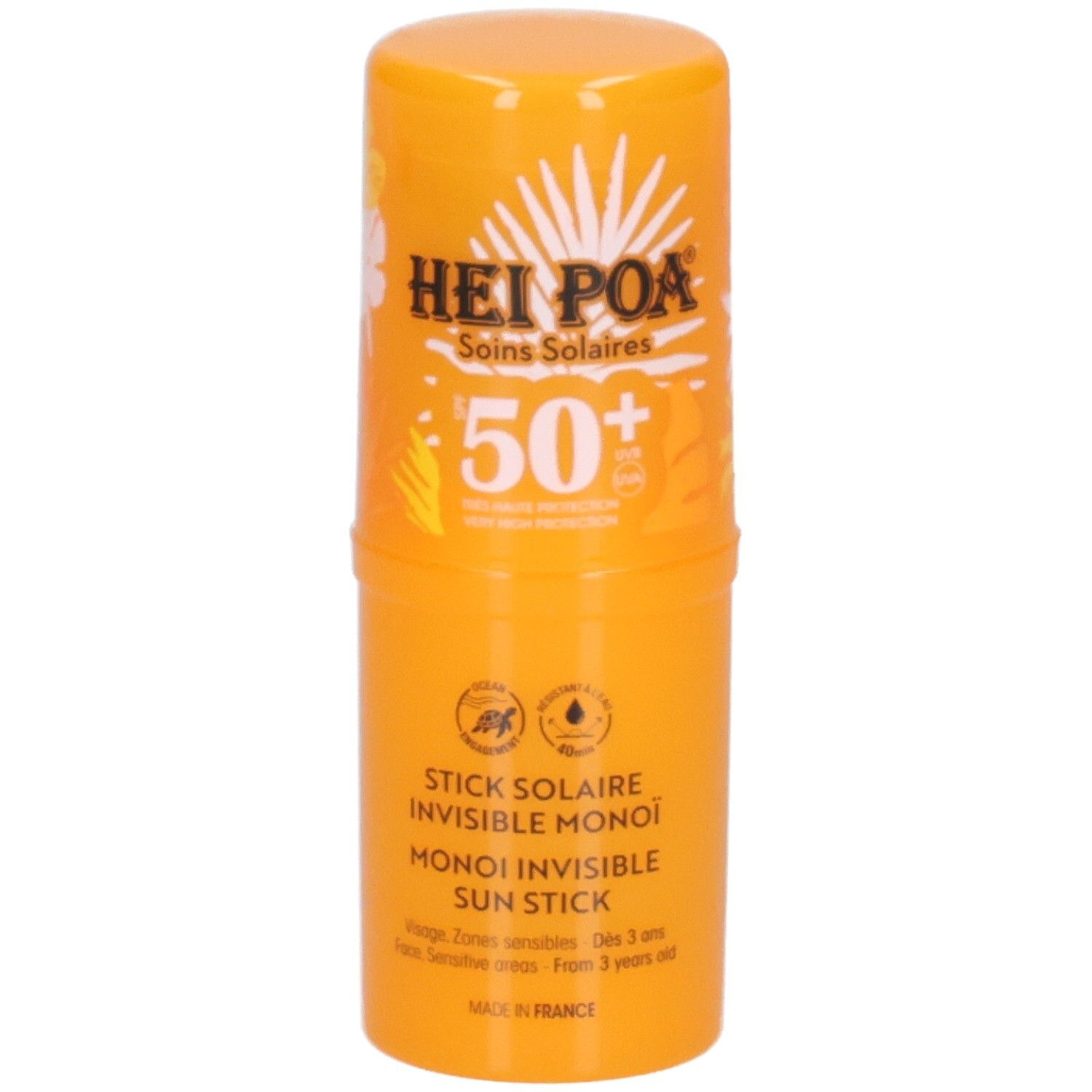 Stick solaire orange SPF 50+. Logo Hei Poa et nom du produit visibles.