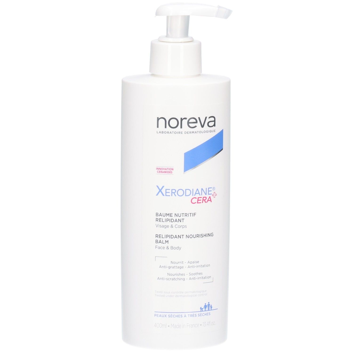 Flacon blanc avec pompe, baume Noreva Xerodiane Cera+ pour le visage et le corps.