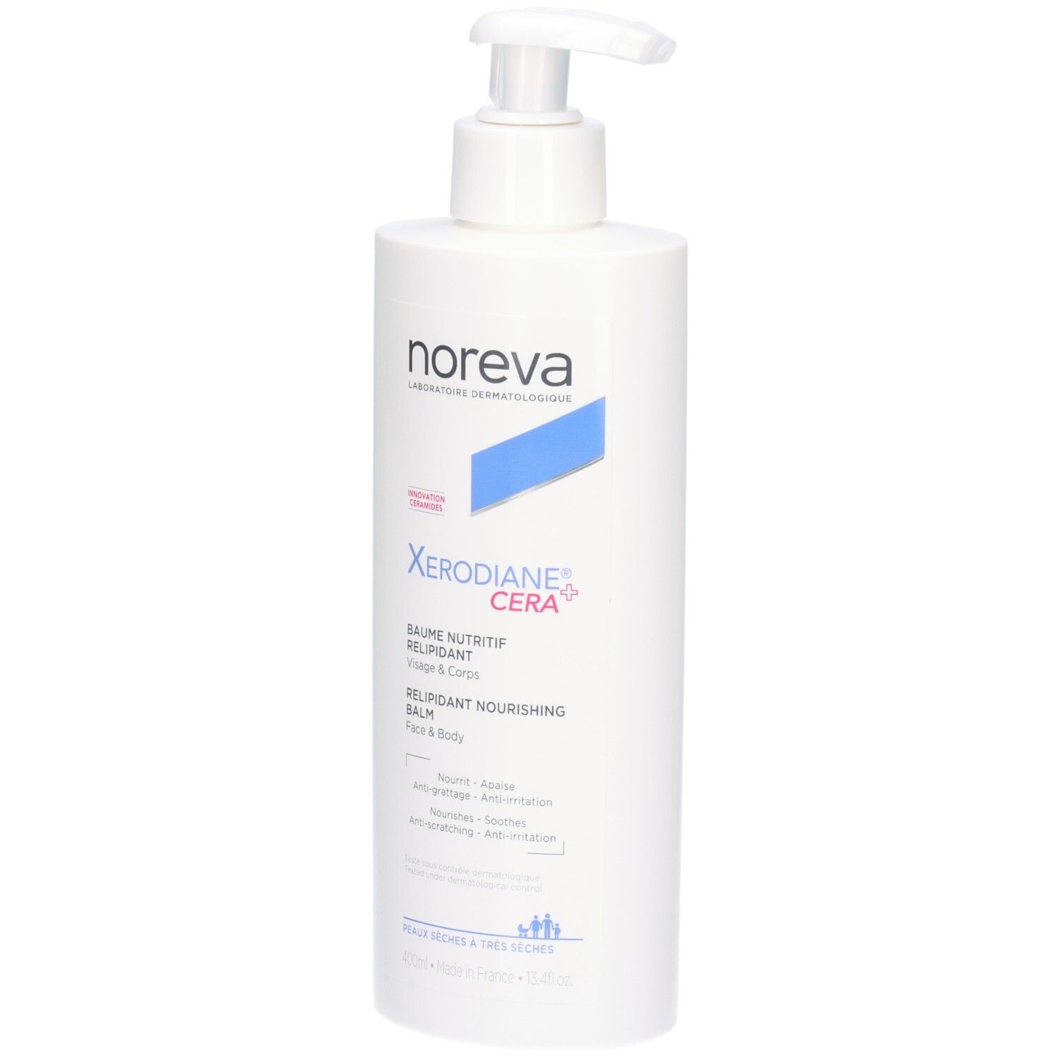 Flacon blanc avec pompe, baume Noreva Xerodiane Cera+ pour le visage et le corps.