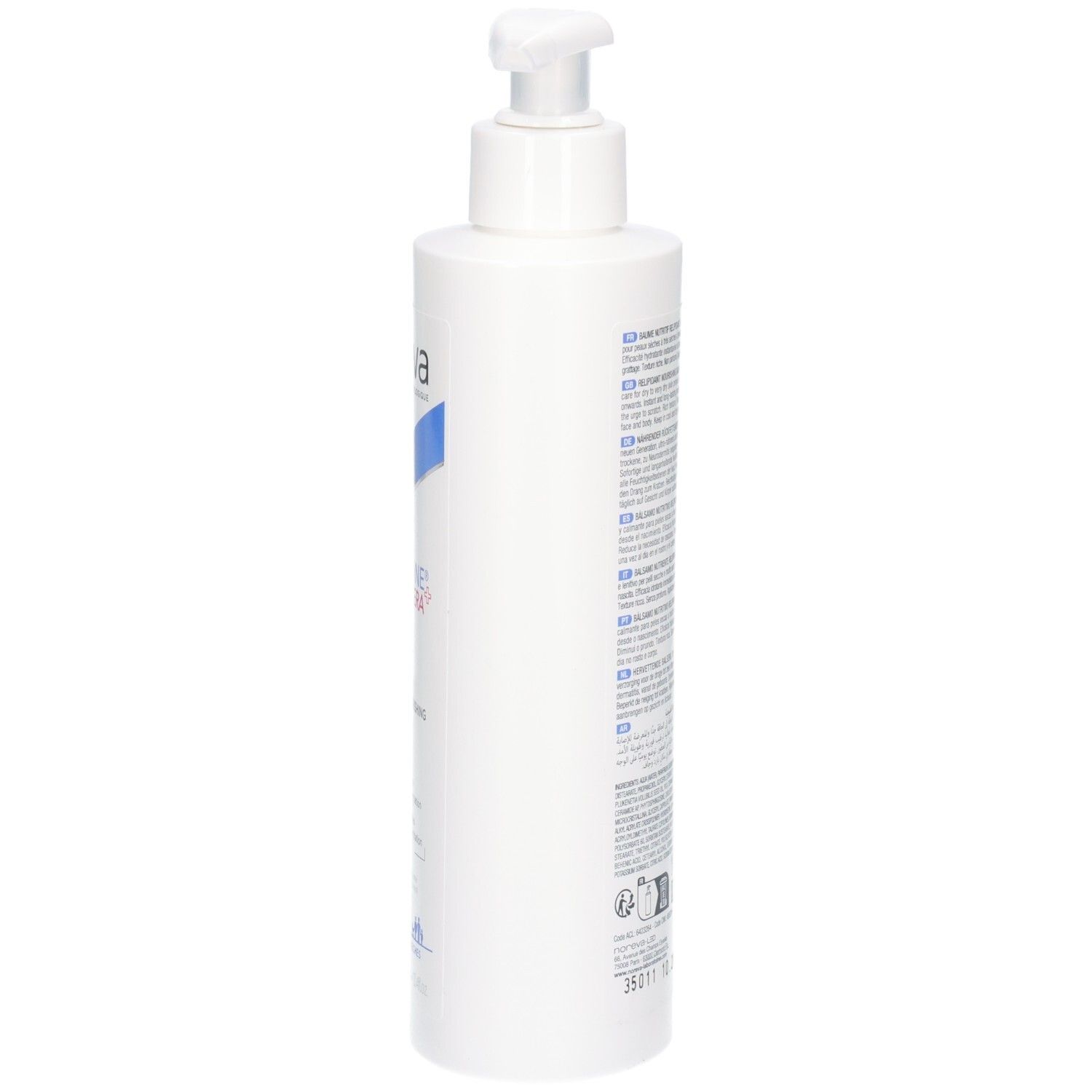 Vue latérale d'un flacon blanc avec pompe, baume Noreva Xerodiane Cera+.