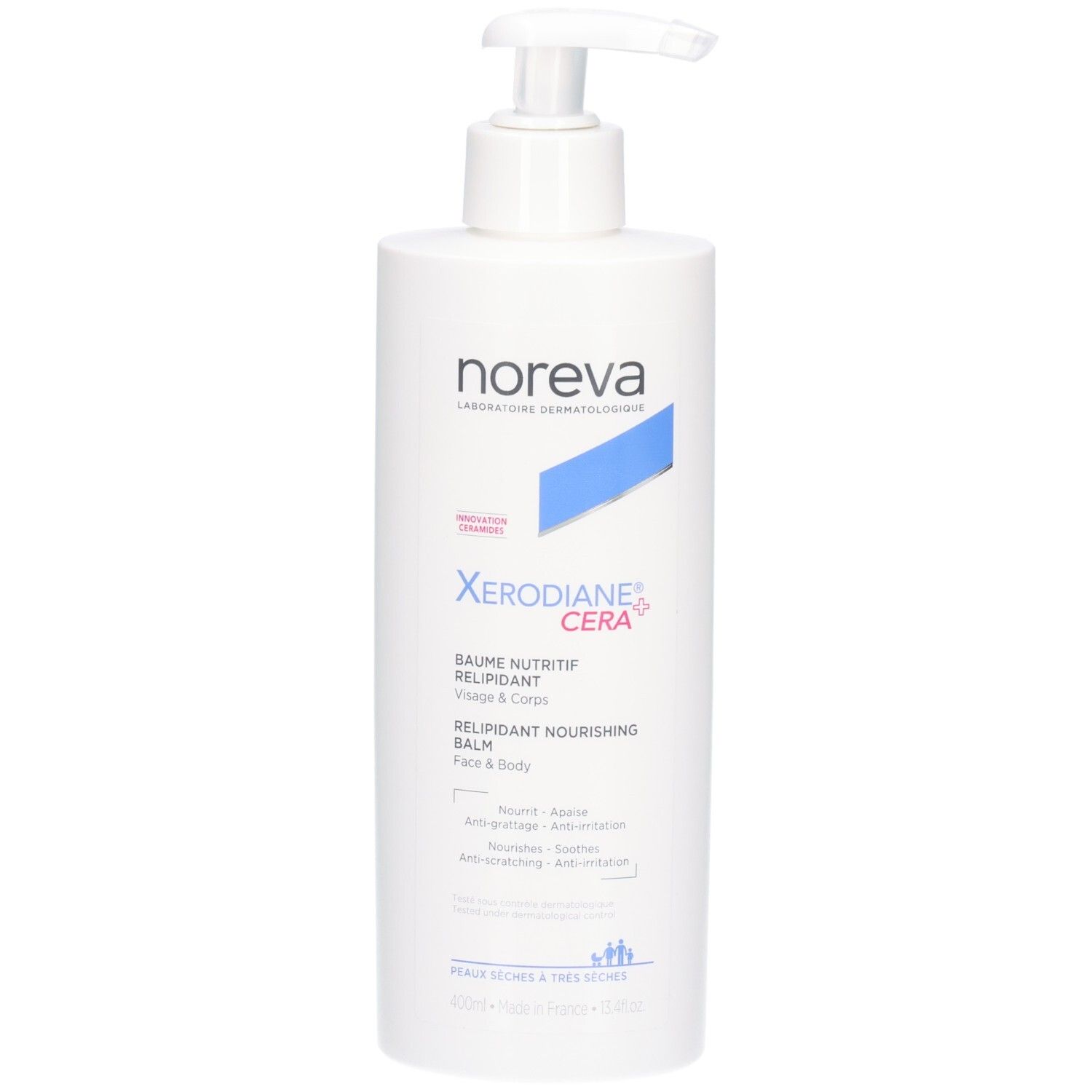 Flacon blanc avec pompe, baume Noreva Xerodiane Cera+ pour le visage et le corps.