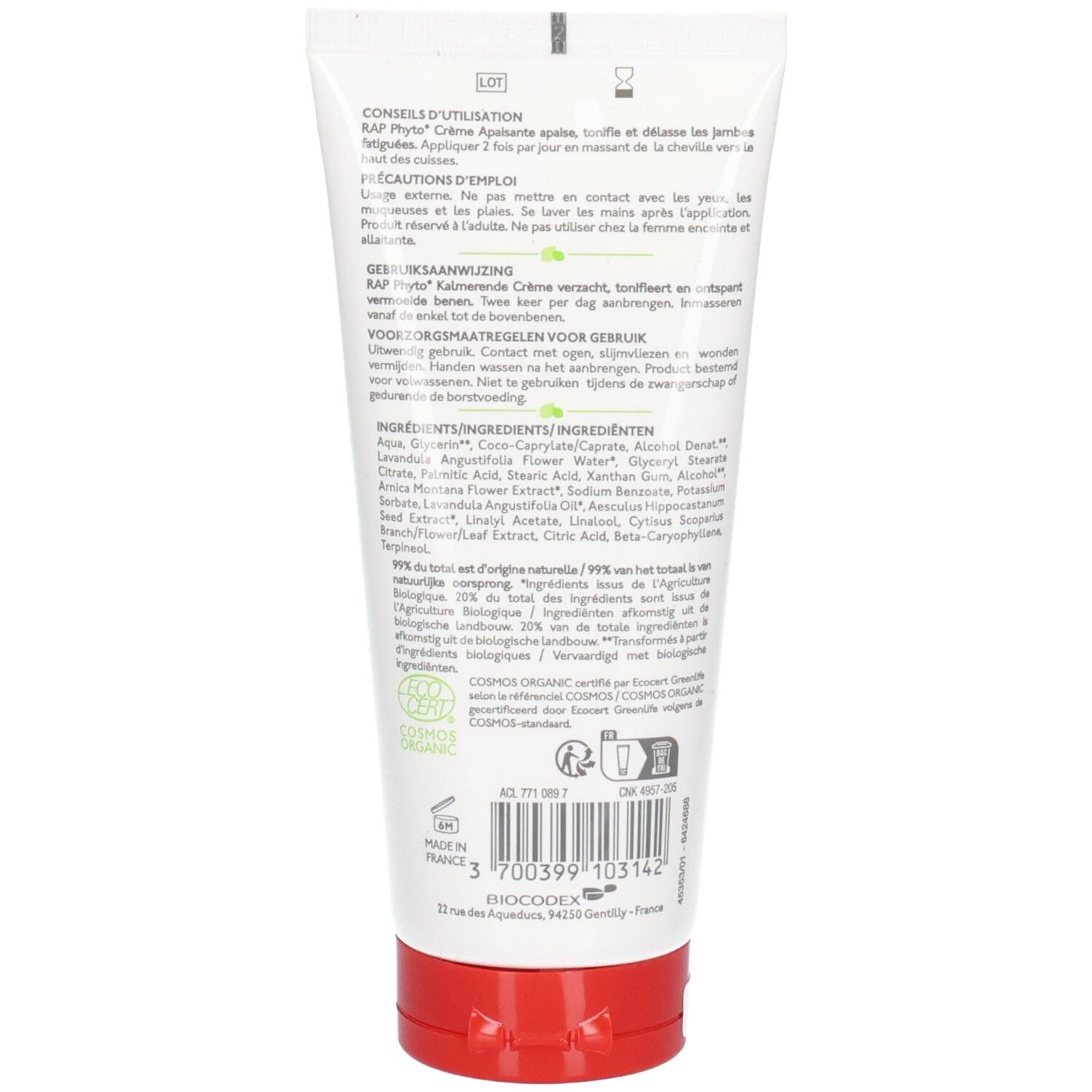 Dos de la crème bio RAP Phyto Jambes Légères avec conseils d'utilisation et liste des ingrédients.