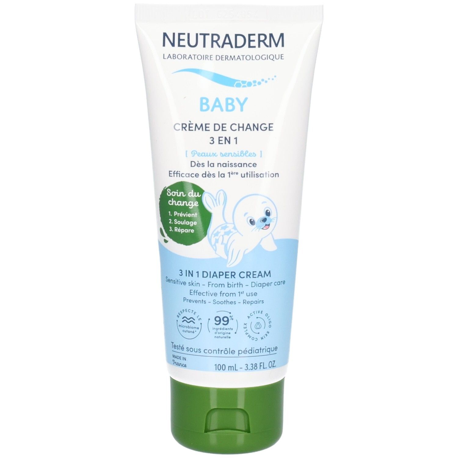 Tube de crème de change Neutraderm Baby 3-en-1 avec bouchon à rabat vert. Face avant avec illustration de phoque et informations produit.