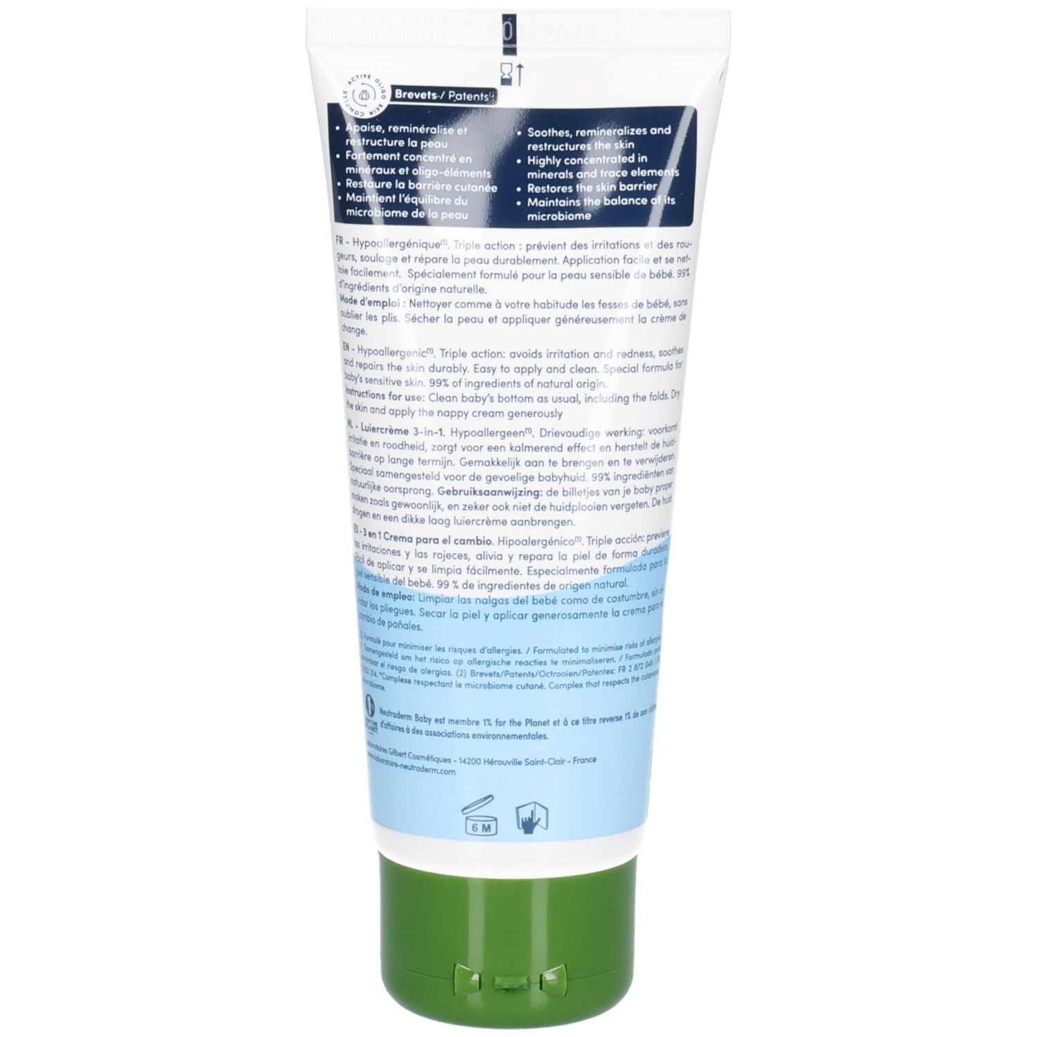 Dos du tube de crème de change Neutraderm Baby 3-en-1. Contient des informations détaillées sur le produit et les instructions d'utilisation.