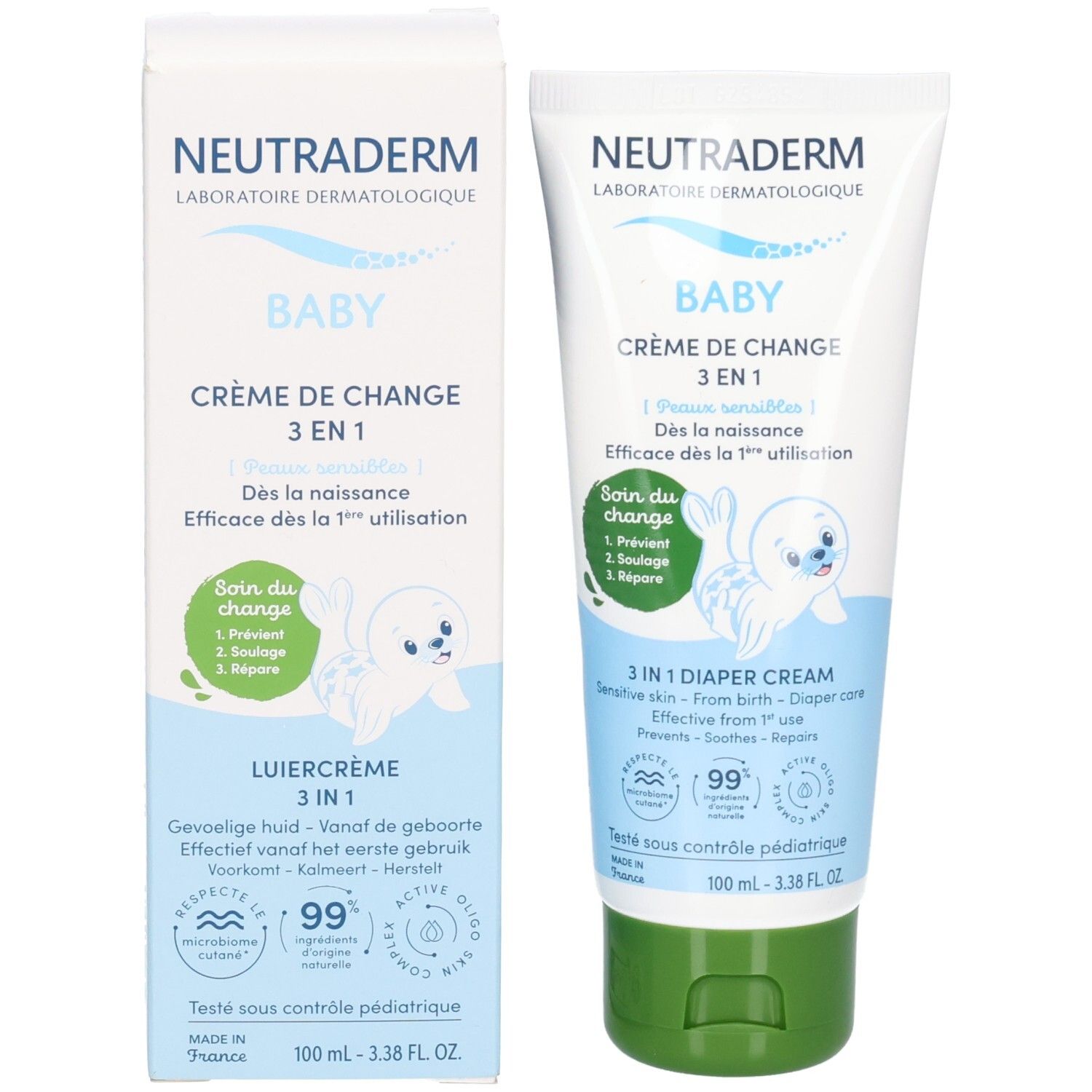 Tube et boîte pliante de crème de change Neutraderm Baby 3-en-1. Face avant avec illustration de phoque et informations produit multilingues.