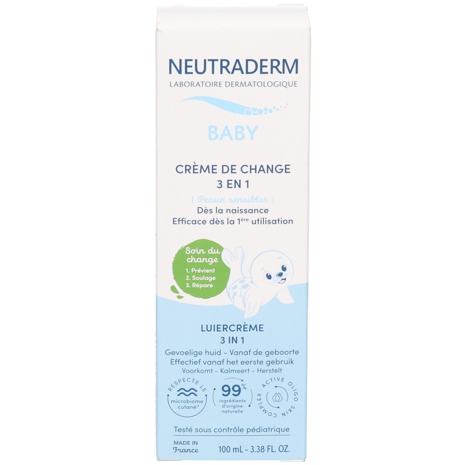 Face avant de la boîte pliante pour crème de change Neutraderm Baby 3-en-1. Montre une illustration de phoque et les noms du produit en plusieurs langues.