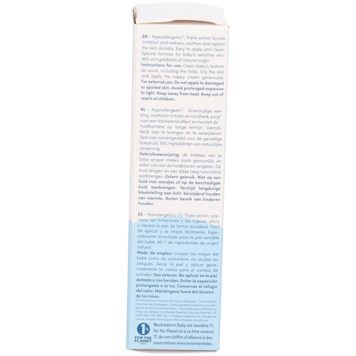 Vue latérale de la boîte pliante pour crème de change Neutraderm Baby 3-en-1. Contient des instructions d'utilisation détaillées en plusieurs langues.