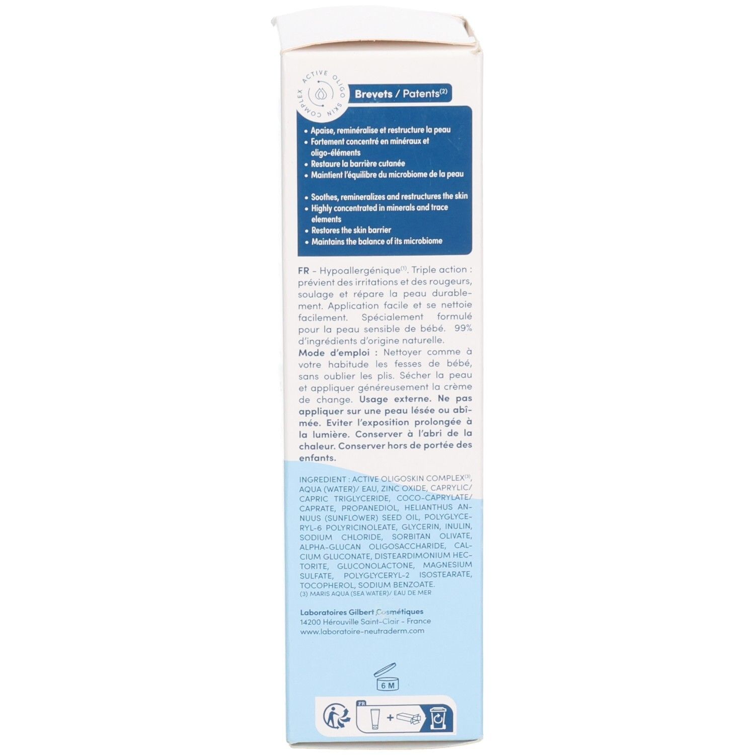 Vue latérale de la boîte pliante pour crème de change Neutraderm Baby 3-en-1. Contient la liste des ingrédients et les informations du fabricant.