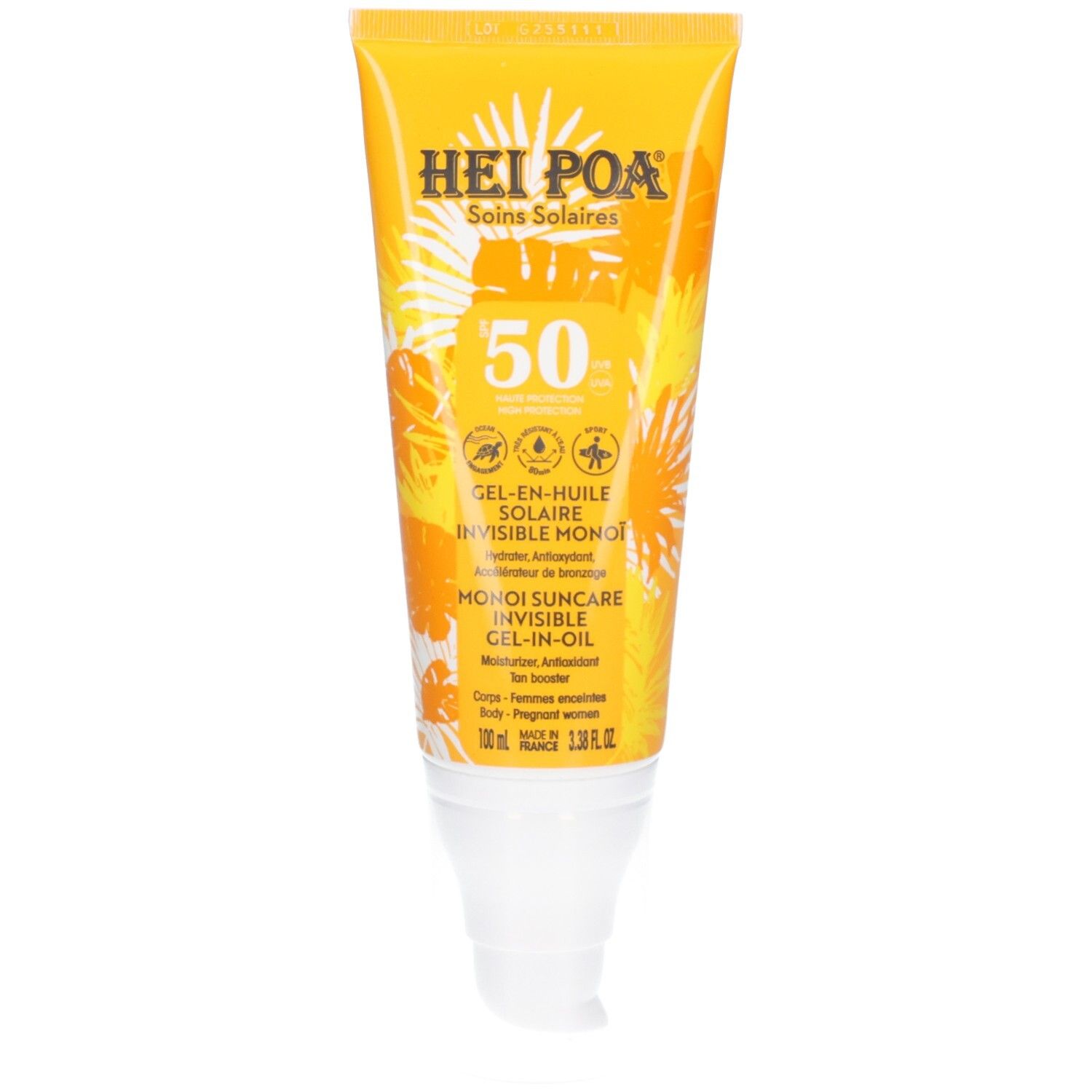 Hei Poa Soins Solaires Gel-en-Huile Invisible SPF50, formule invisible pour le corps et le visage.