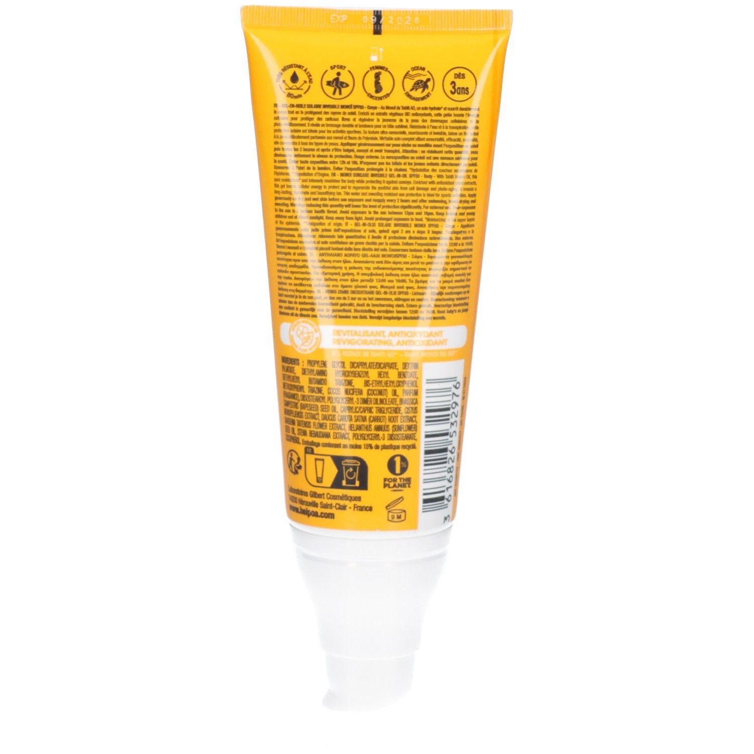 Dos de tube Hei Poa Soins Solaires Gel-en-Huile Invisible SPF50 avec instructions et ingrédients.