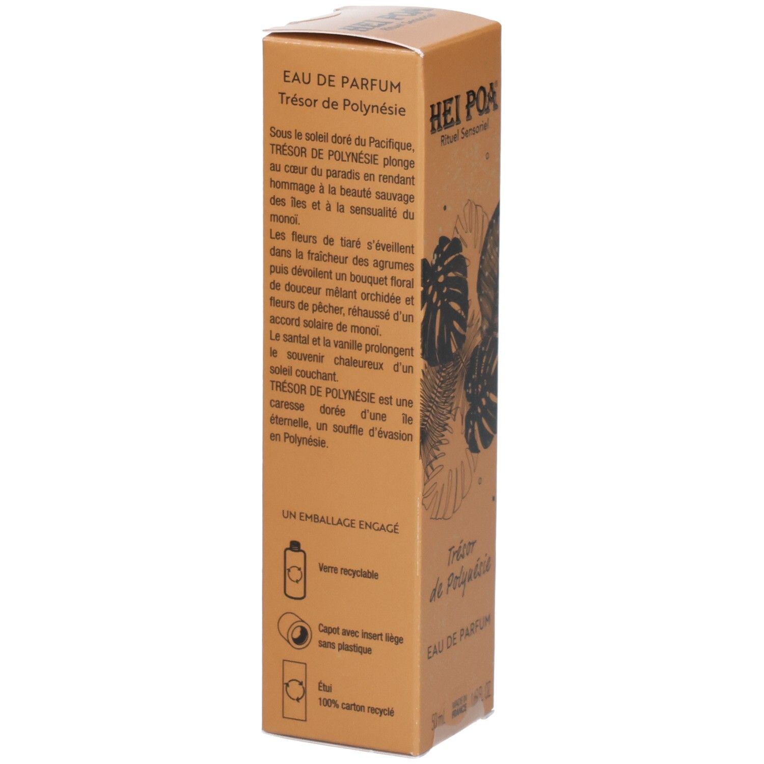 Arrière de la boîte de Hei Poa Eau de Parfum – Trésor de Polynésie avec informations produit.