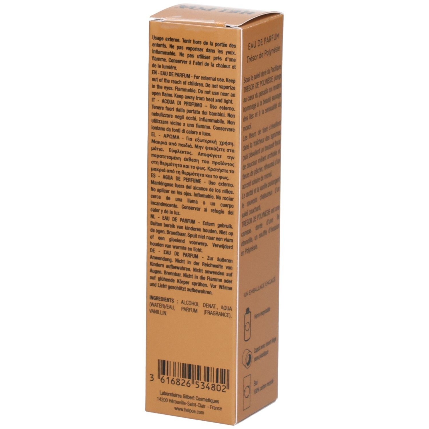 Côté de la boîte de Hei Poa Eau de Parfum – Trésor de Polynésie avec avertissements et ingrédients.