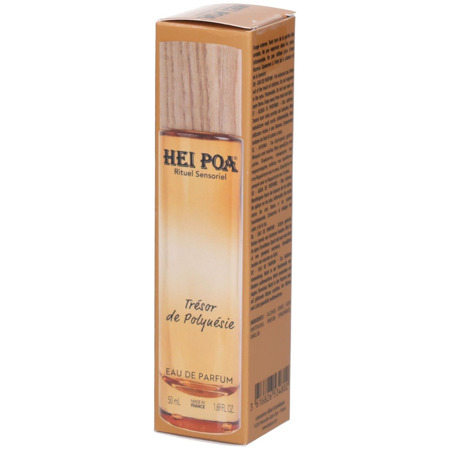 Flacon de Hei Poa Eau de Parfum – Trésor de Polynésie avec bouchon en bois et étiquette.