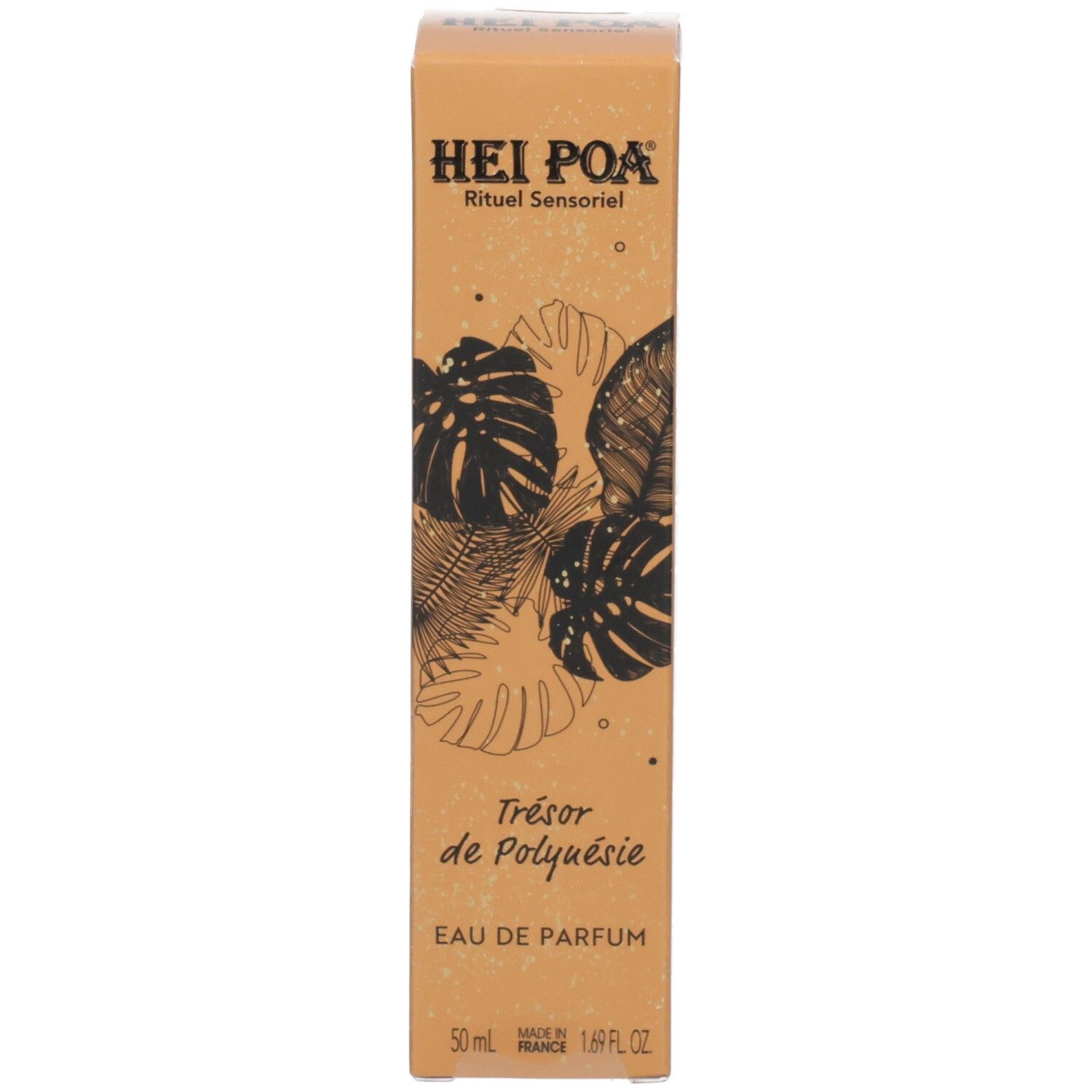 Boîte de Hei Poa Eau de Parfum – Trésor de Polynésie avec feuilles tropicales.
