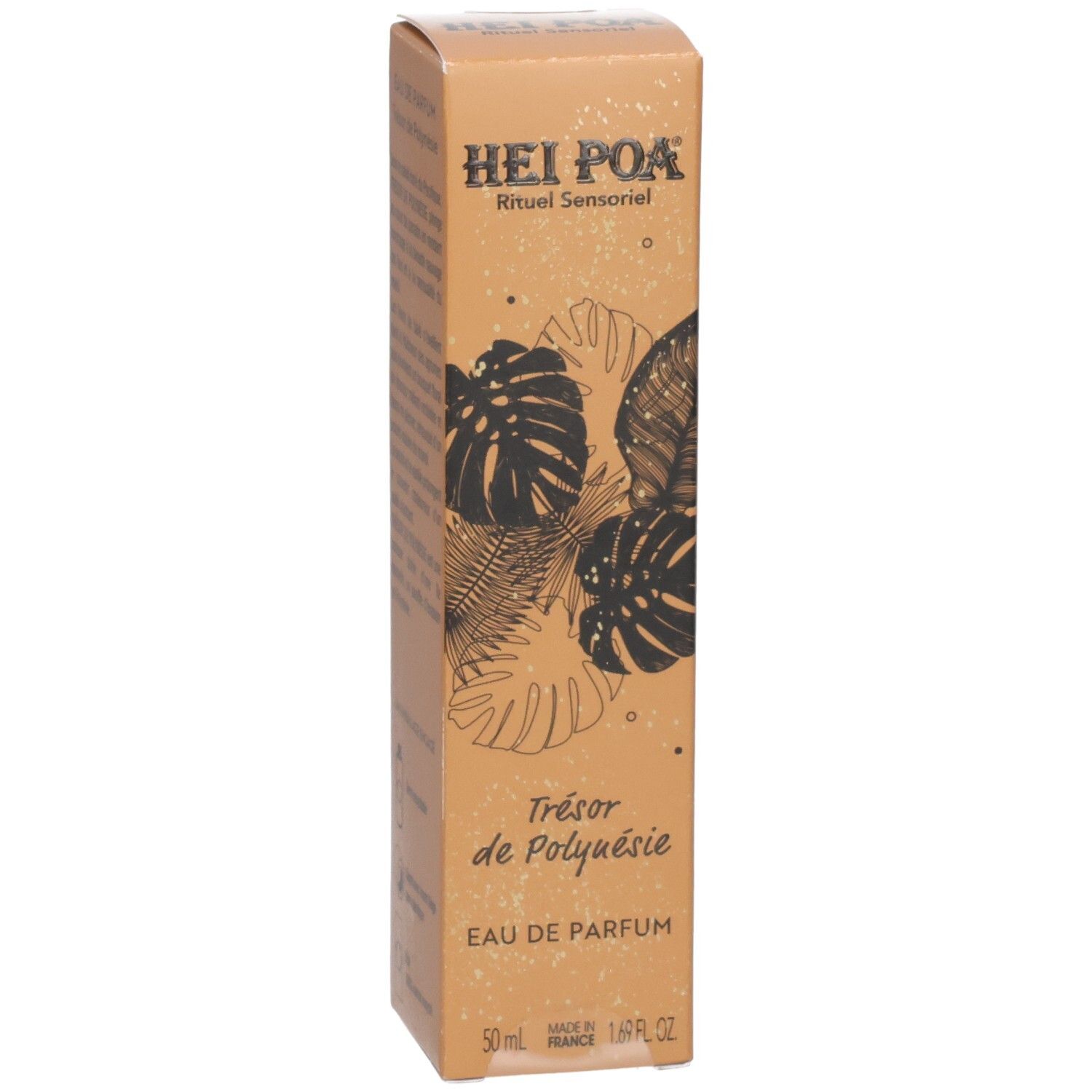 Boîte de Hei Poa Eau de Parfum – Trésor de Polynésie avec feuilles tropicales.