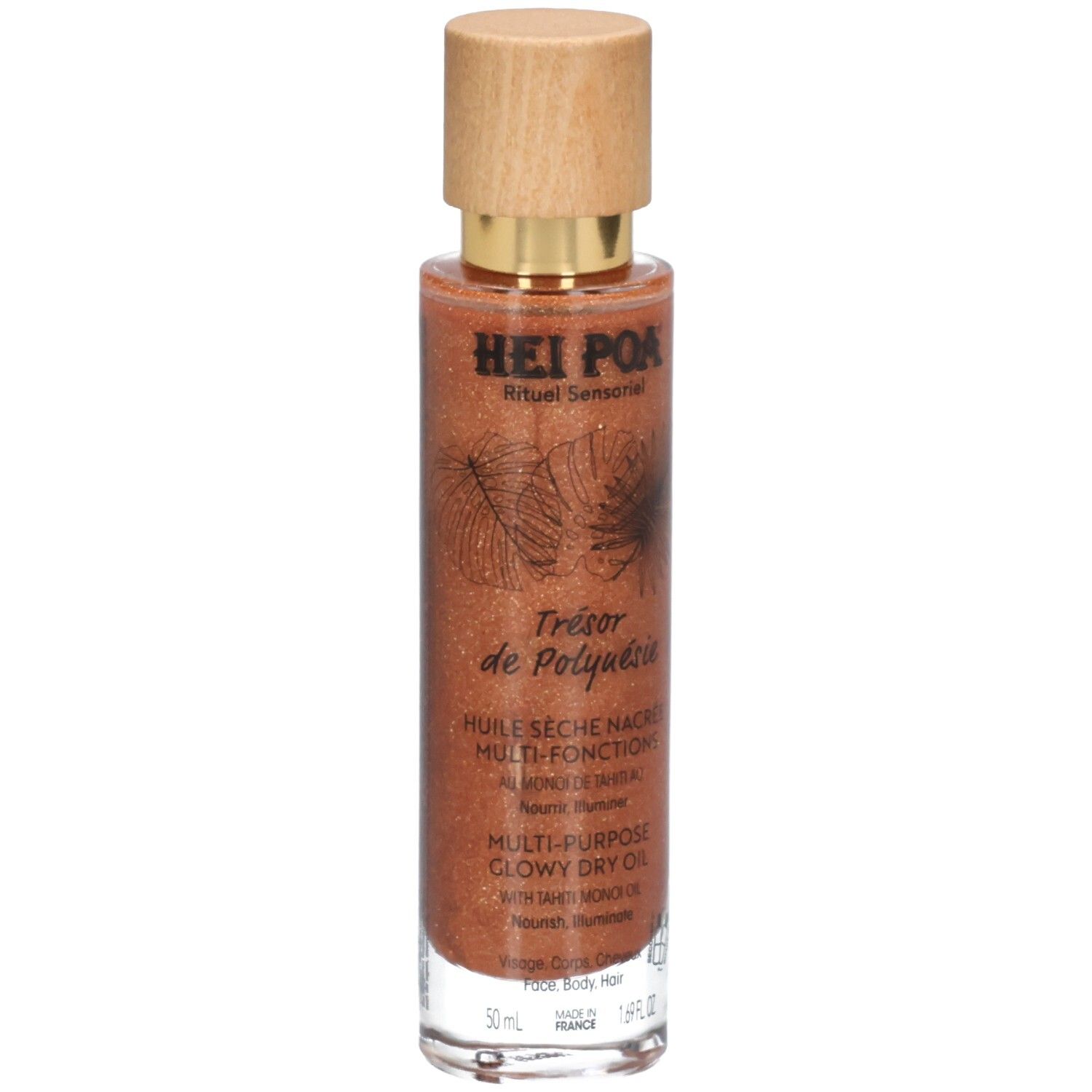 Flacon Hei Poa Huile sèche nacrée avec bouchon en bois, huile pailletée.