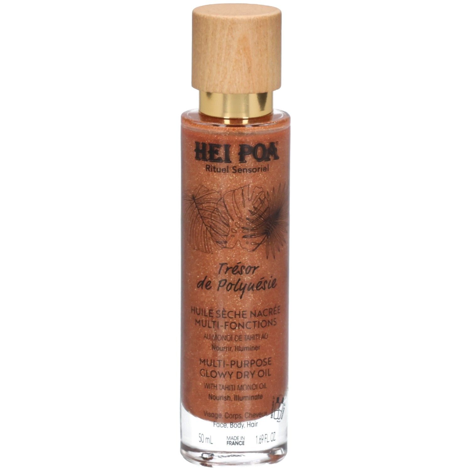 Flacon Hei Poa Huile sèche nacrée avec bouchon en bois, huile pailletée.