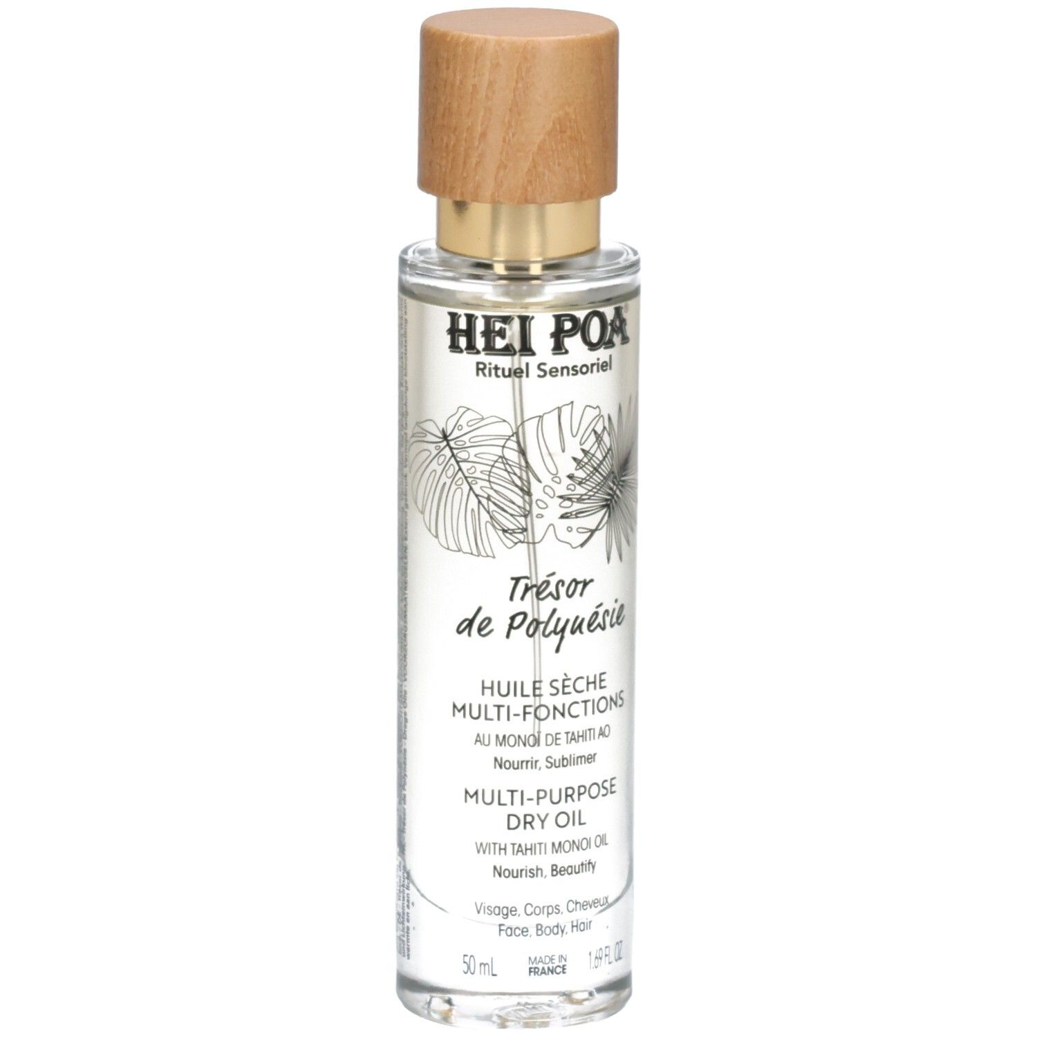 Flacon d'huile sèche multi-usages Hei Poa avec bouchon en bois.