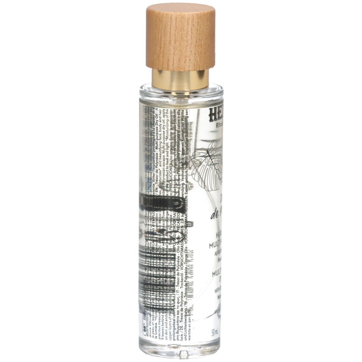 Arrière du flacon d'huile sèche multi-usages Hei Poa avec informations produit.