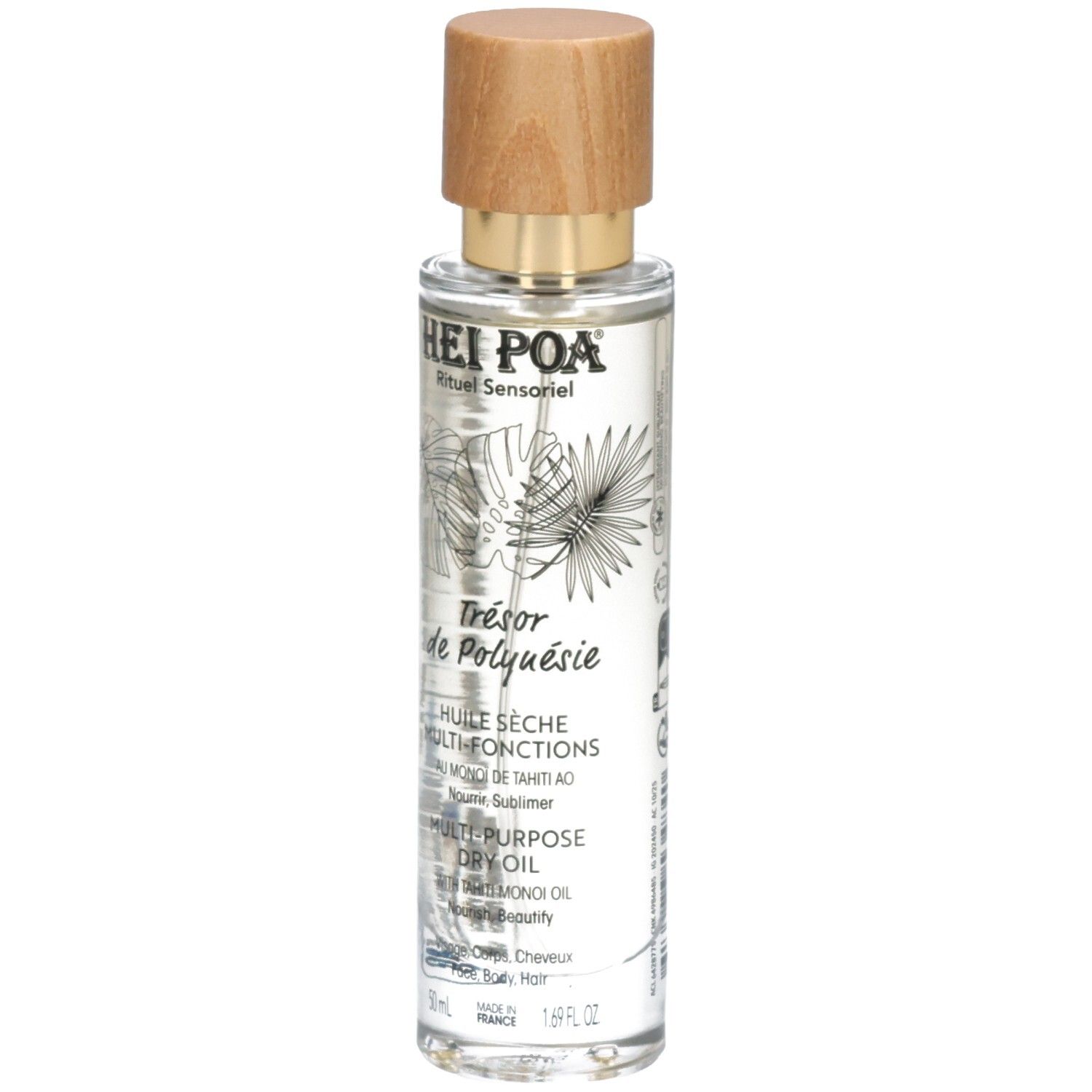 Flacon d'huile sèche multi-usages Hei Poa avec bouchon en bois et motifs botaniques.