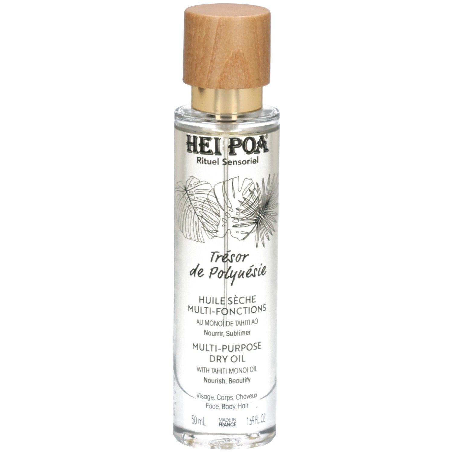 Flacon d'huile sèche multi-usages Hei Poa avec bouchon en bois et motifs botaniques.