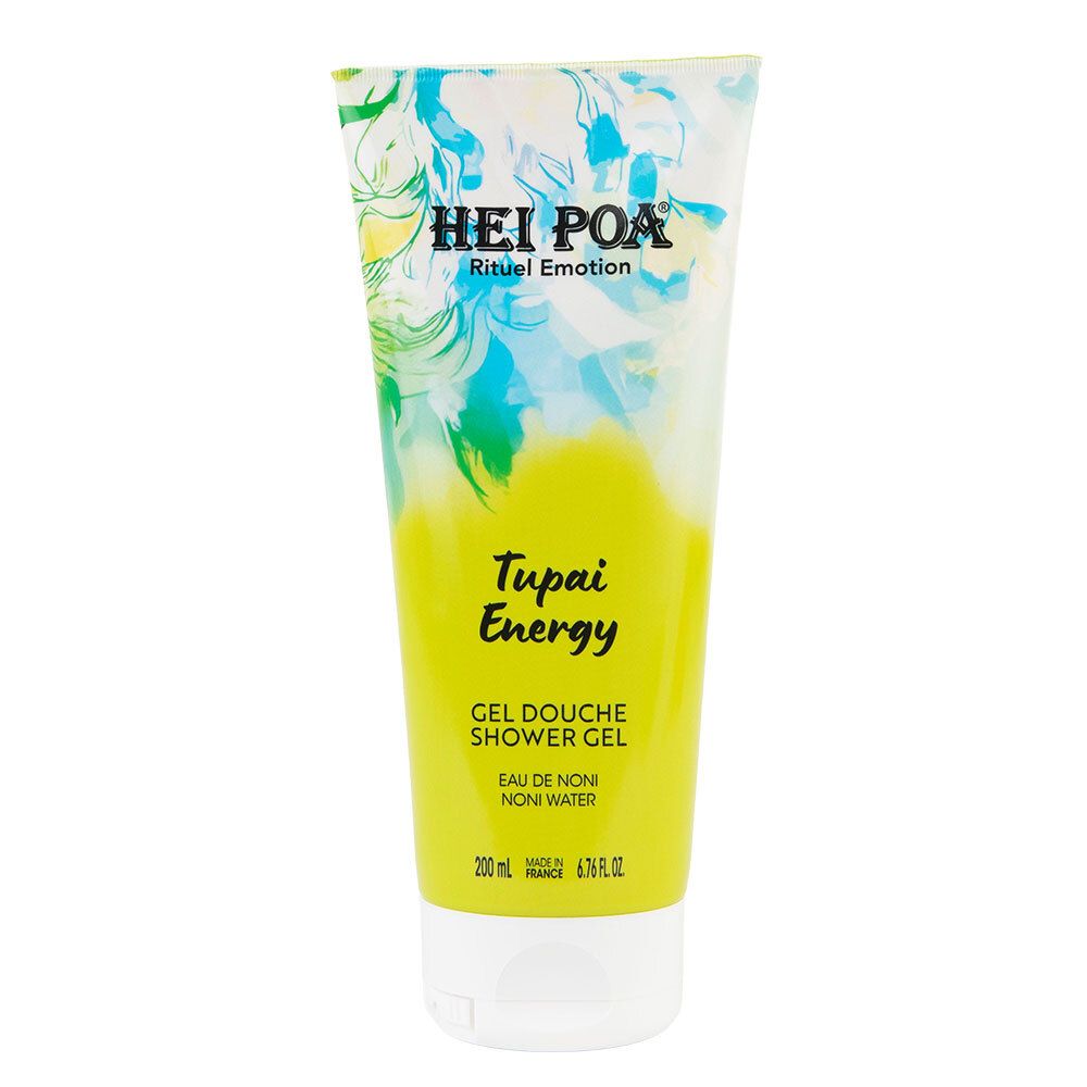 Tube de gel douche Hei Poa Tupai Energy jaune avec un motif floral.