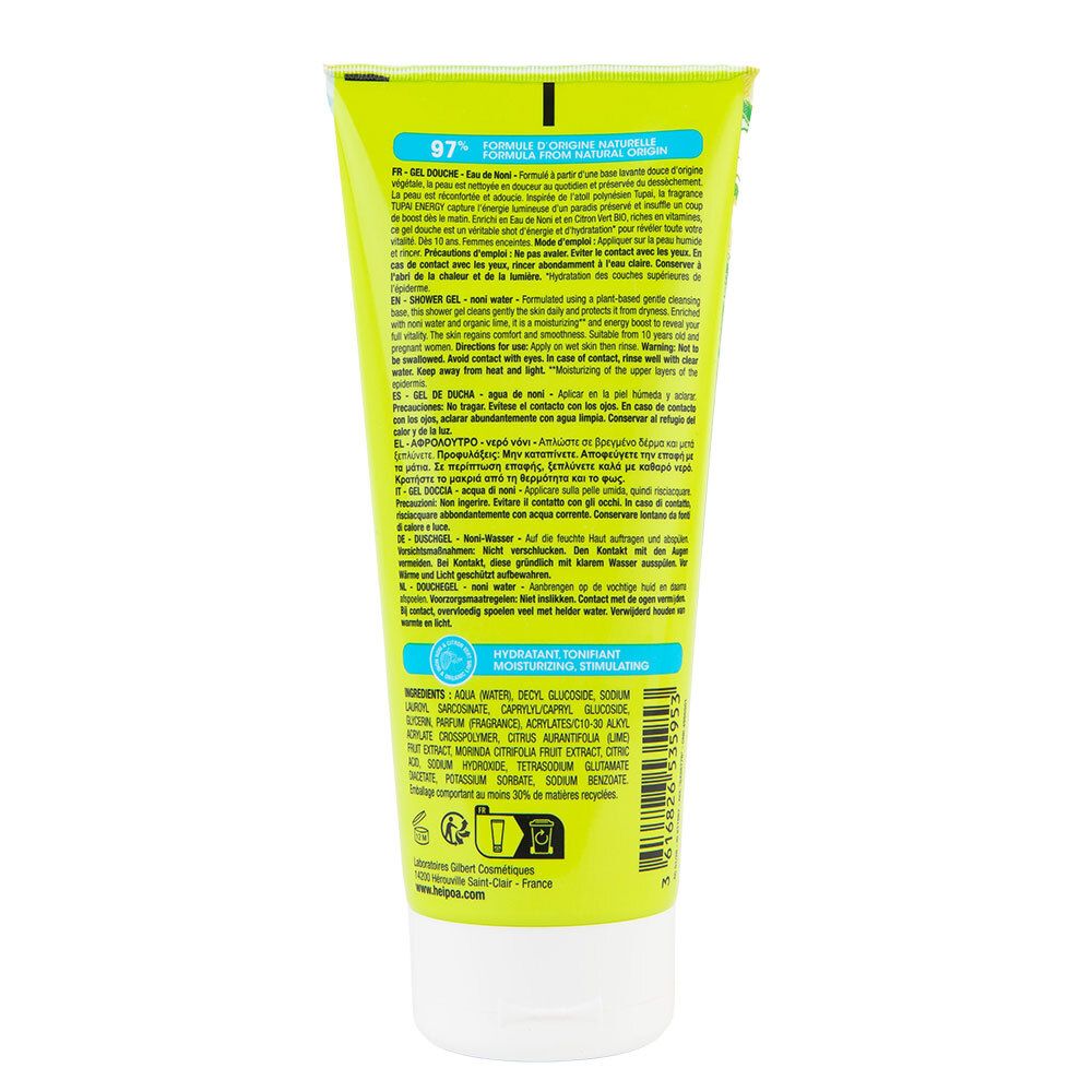 Arrière du tube de gel douche Hei Poa Tupai Energy avec ingrédients et instructions.
