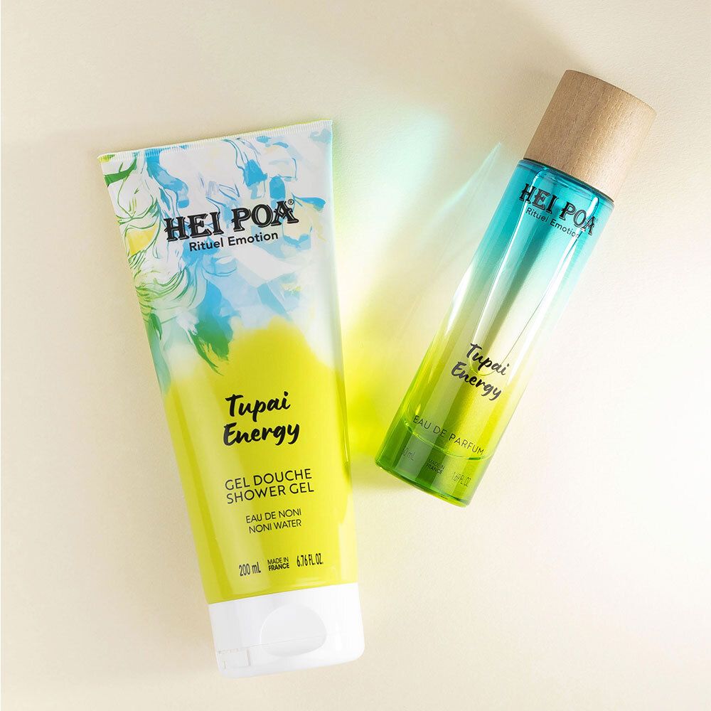 Gel douche Hei Poa Tupai Energy et un Eau de Parfum assorti.