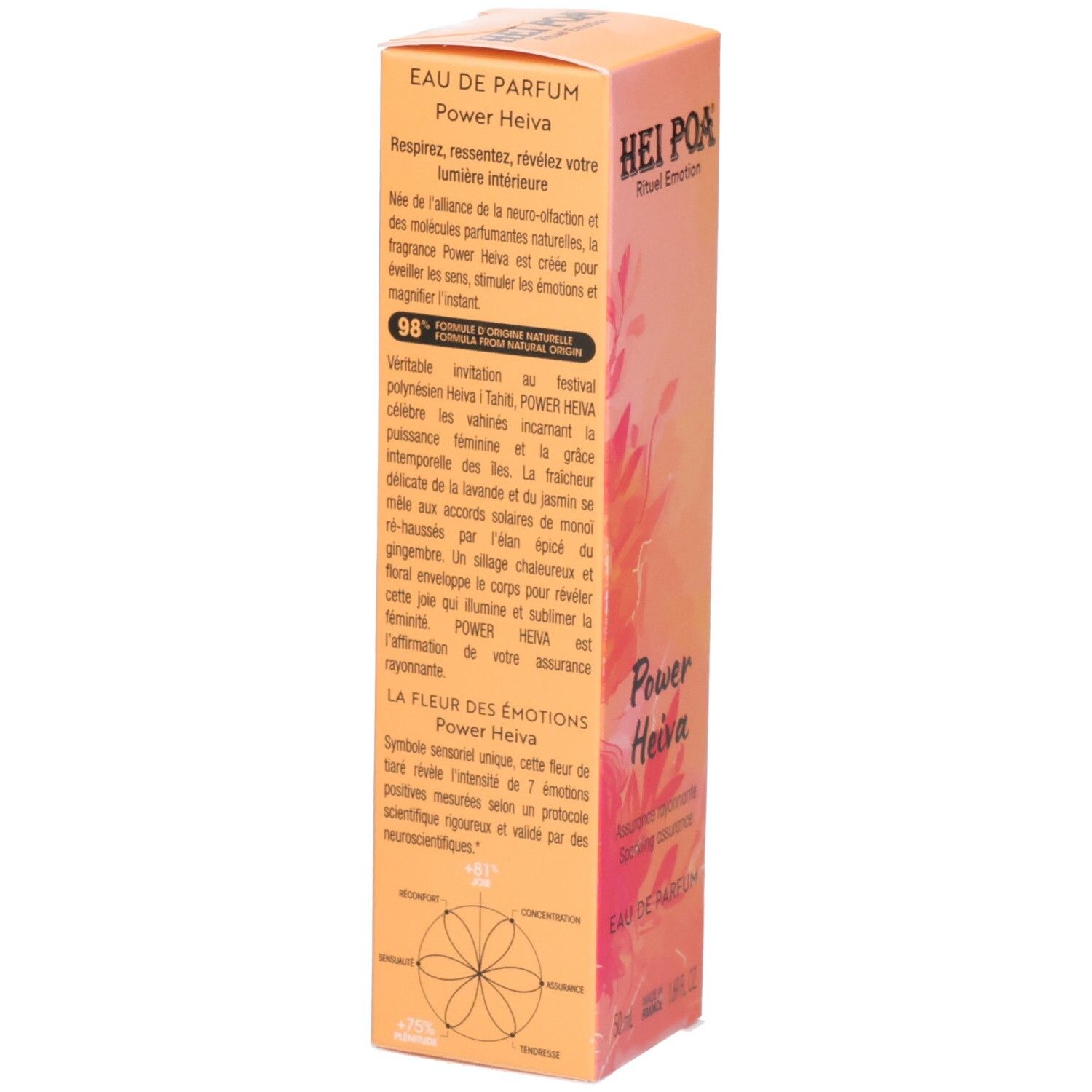 Arrière de l'emballage Hei Poa Eau de Parfum Power Heiva avec informations produit.