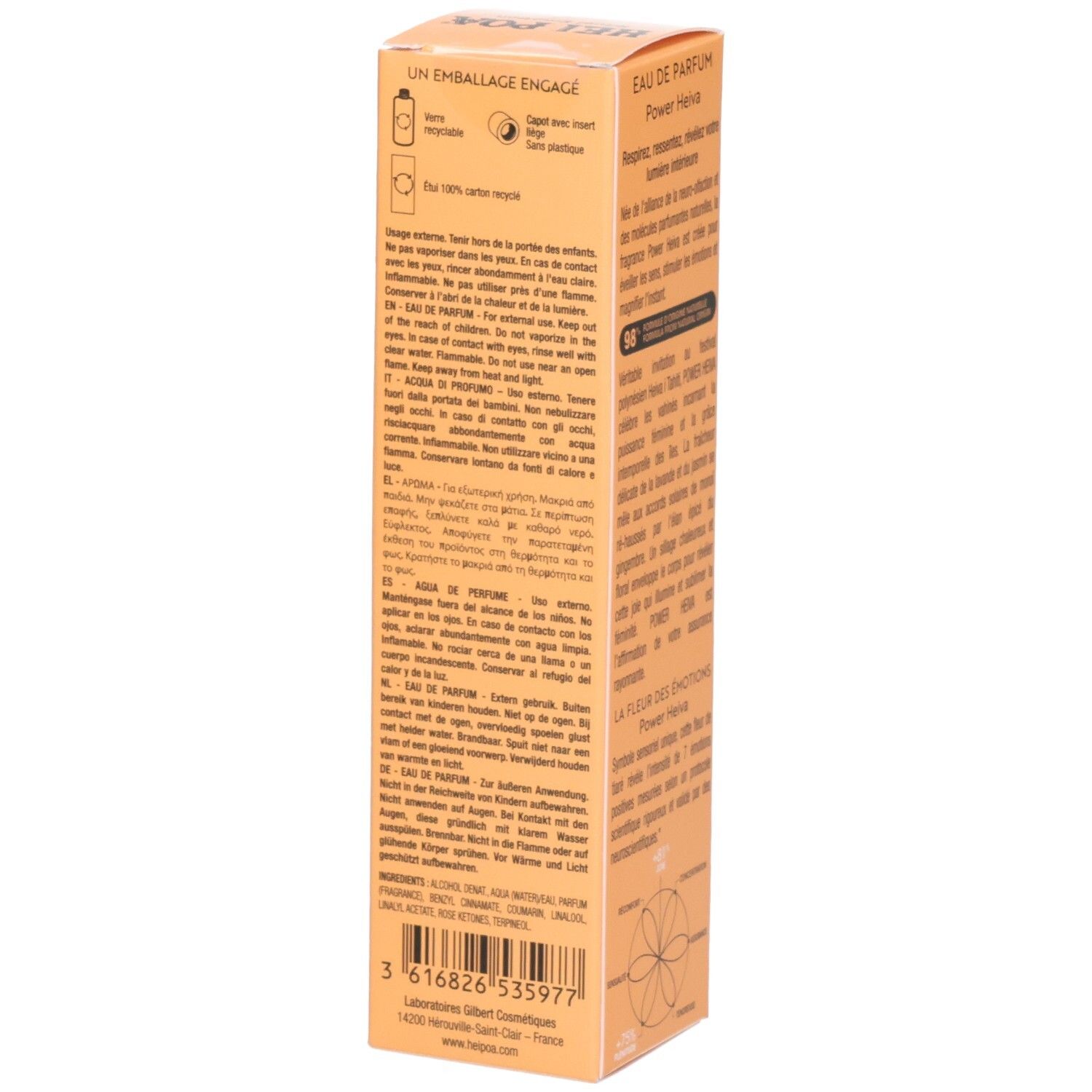 Côté de l'emballage Hei Poa Eau de Parfum Power Heiva avec ingrédients et code-barres.