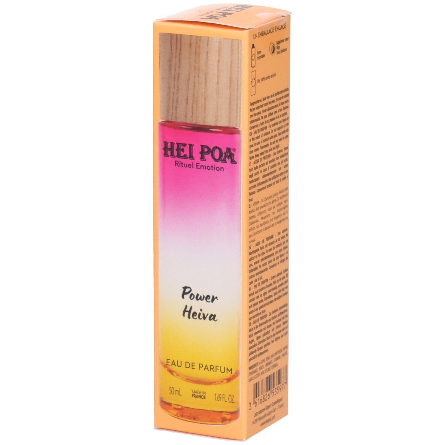 Emballage et flacon de Hei Poa Eau de Parfum Power Heiva, 50ml.