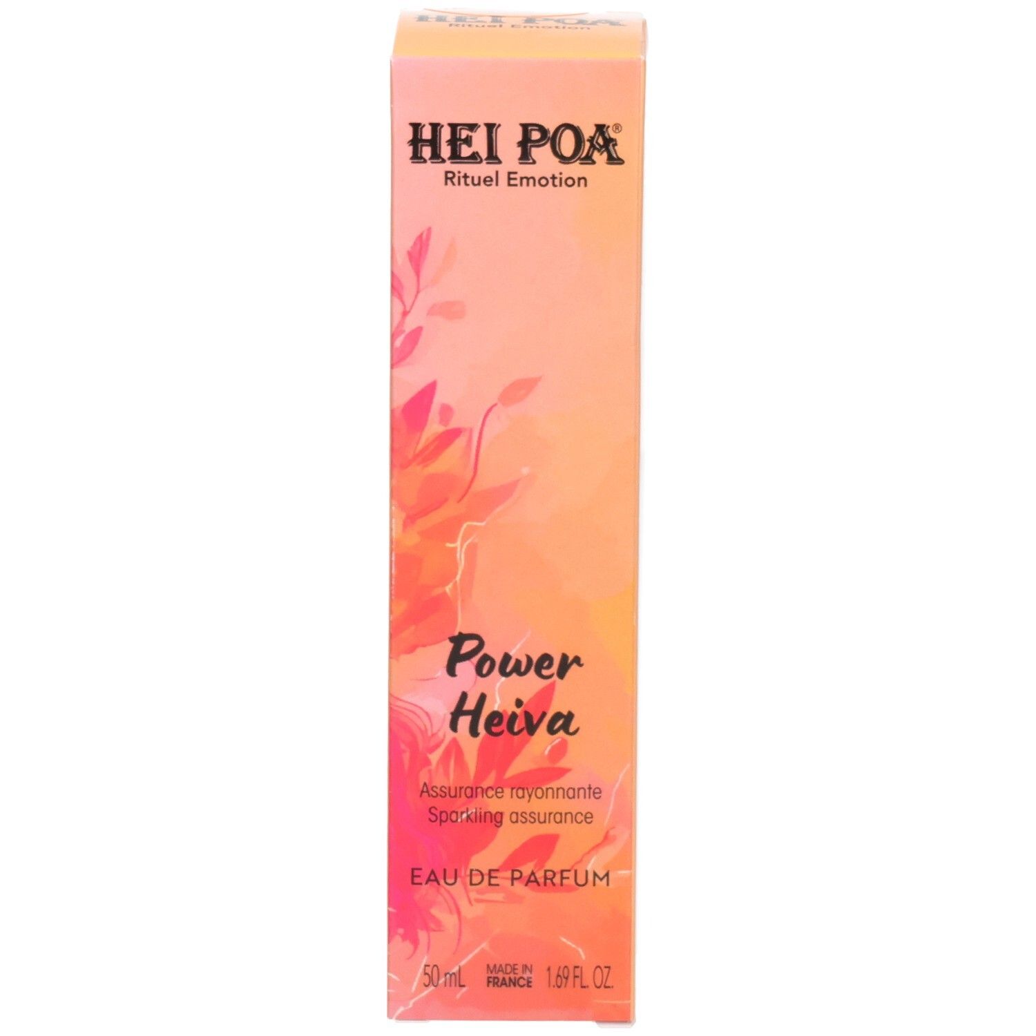 Emballage de Hei Poa Eau de Parfum Power Heiva, 50ml, design floral.