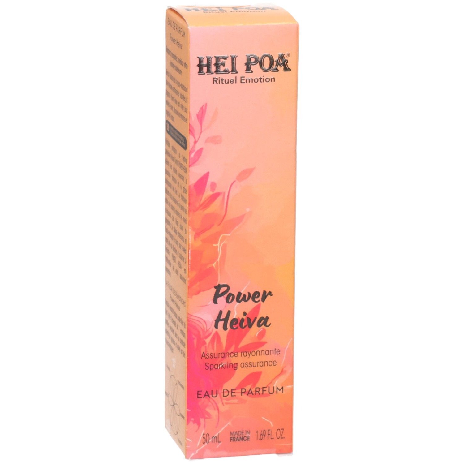 Emballage de Hei Poa Eau de Parfum Power Heiva, 50ml, design floral.