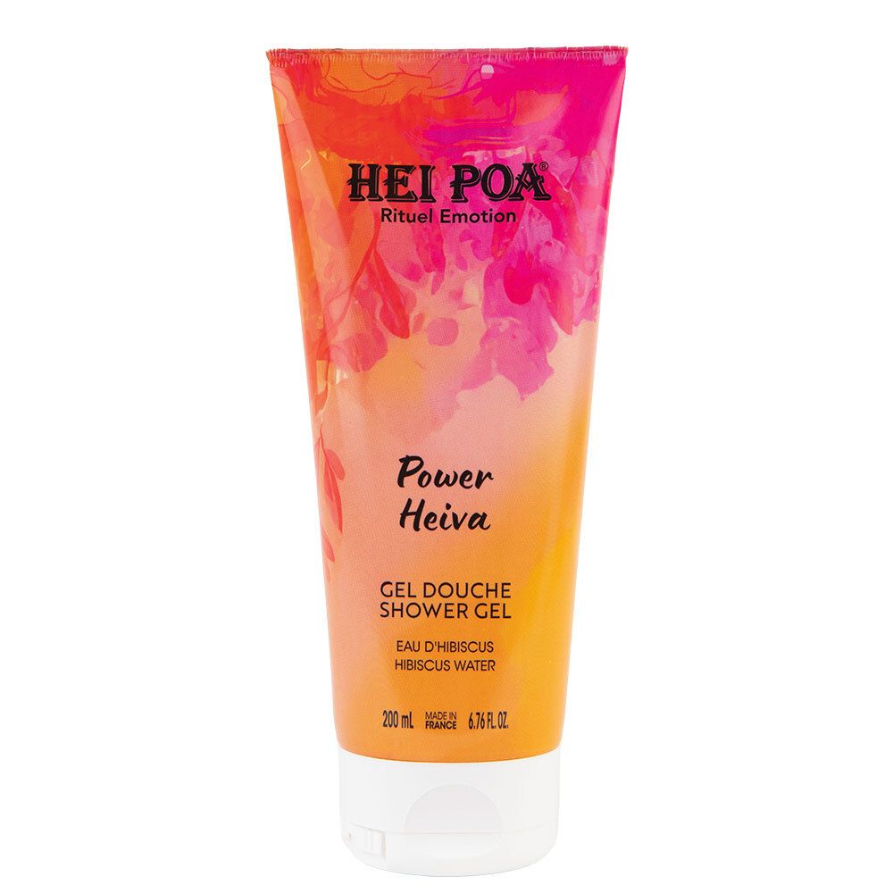 Tube Hei Poa Gel Douche Power Heiva, dégradé orange-rose avec motif floral. Contient 200ml.