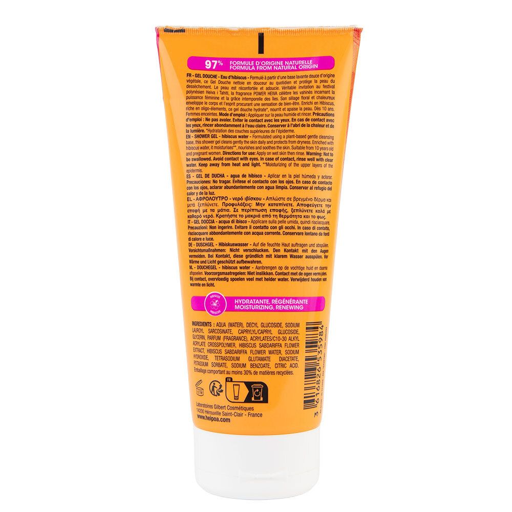 Arrière d'une tube Hei Poa Gel Douche Power Heiva, avec liste des ingrédients et instructions.