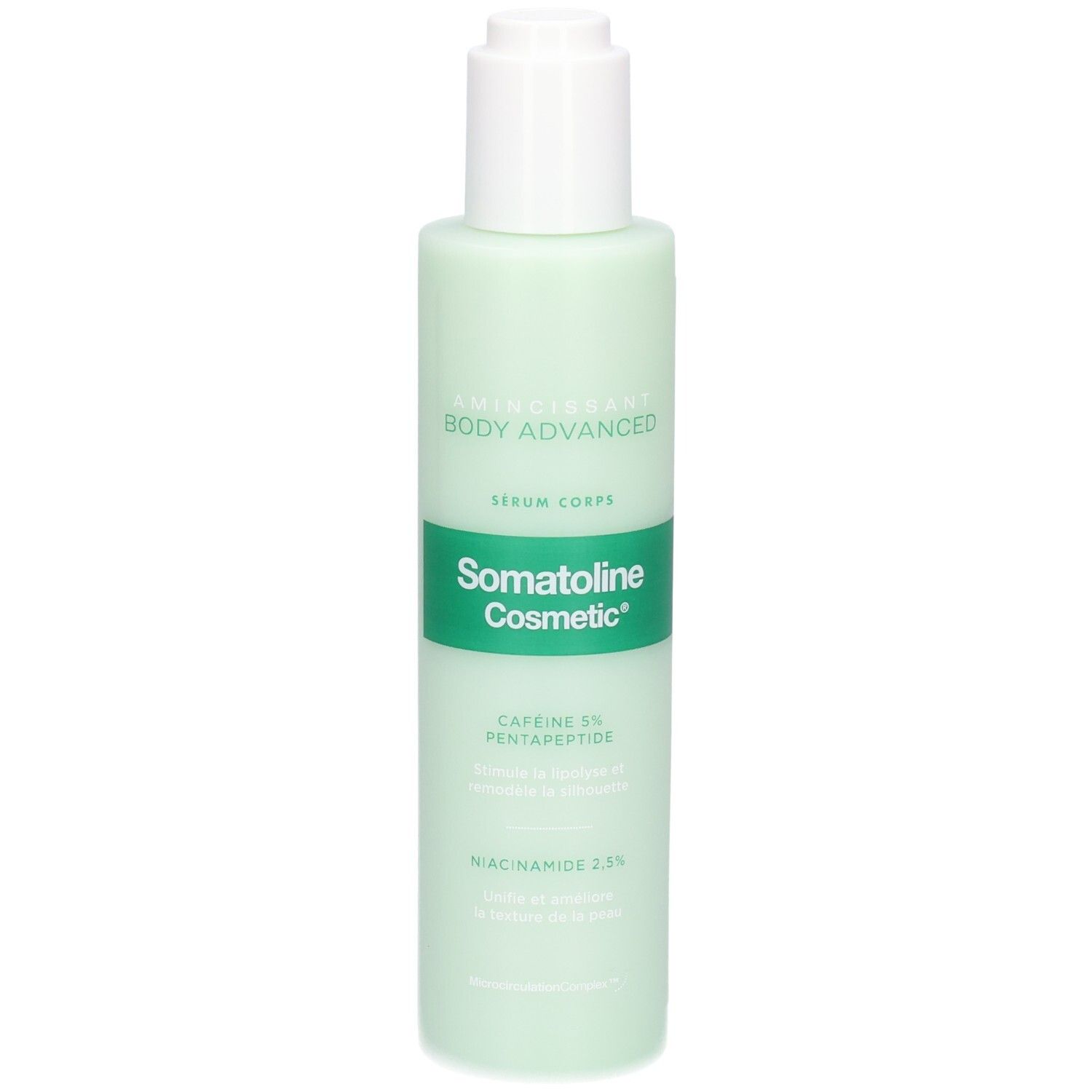 Sérum Corps Somatoline Cosmetic Amincissant Body Advanced dans un flacon vert clair avec pompe.