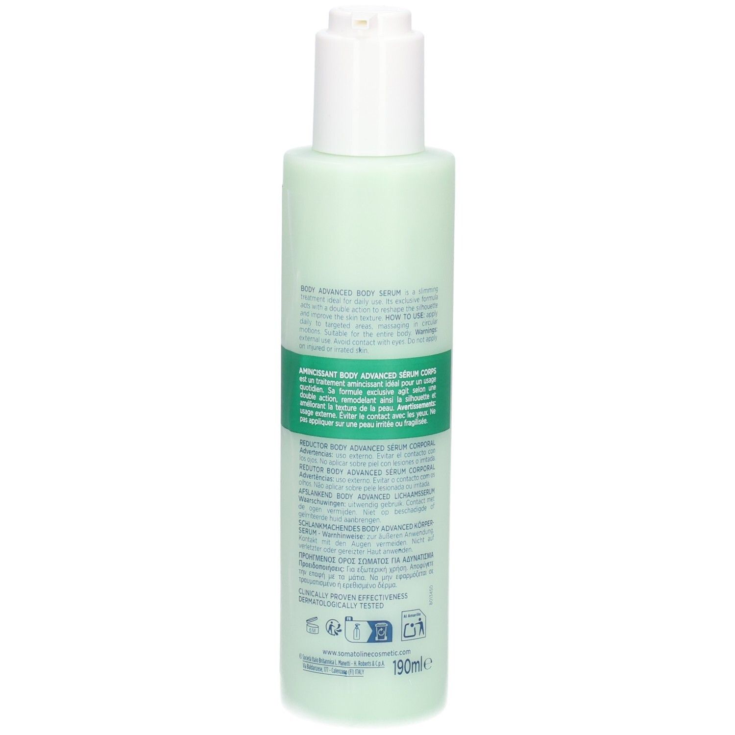 Arrière du flacon de Sérum Corps Somatoline Cosmetic Amincissant Body Advanced avec informations multilingues et indication 190ml.