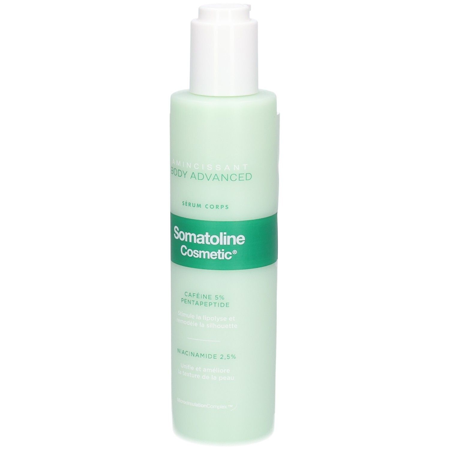 Sérum Corps Somatoline Cosmetic Amincissant Body Advanced dans un flacon vert clair avec pompe et ingrédients visibles.