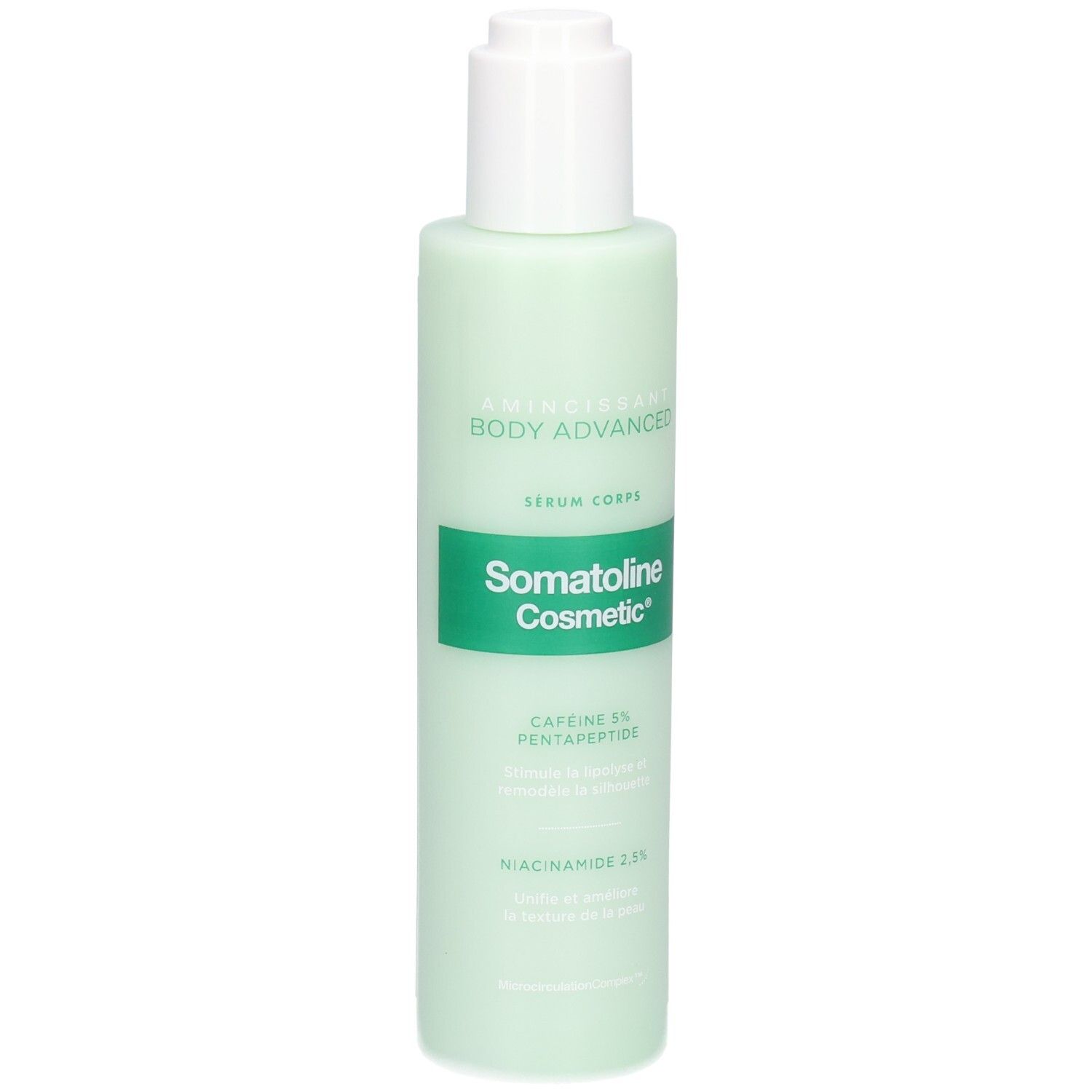 Sérum Corps Somatoline Cosmetic Amincissant Body Advanced dans un flacon vert clair avec pompe.