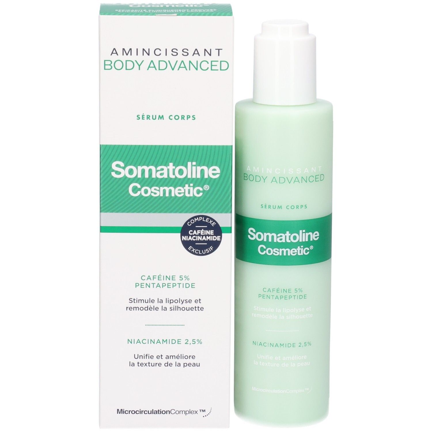 Sérum Corps Somatoline Cosmetic Amincissant Body Advanced et son emballage avec ingrédients visibles comme caféine et niacinamide.