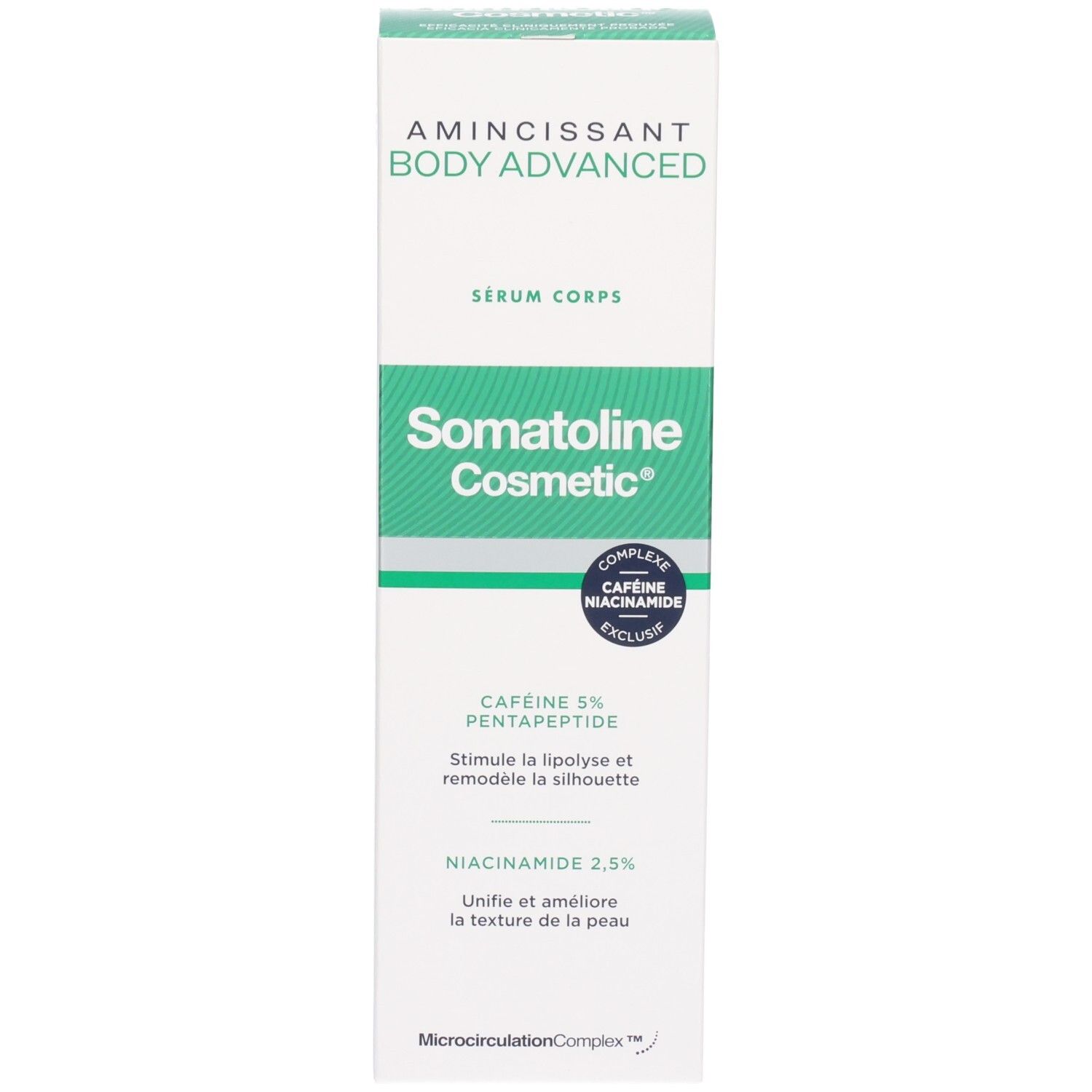 Emballage du Sérum Corps Somatoline Cosmetic Amincissant Body Advanced avec informations détaillées sur le produit.