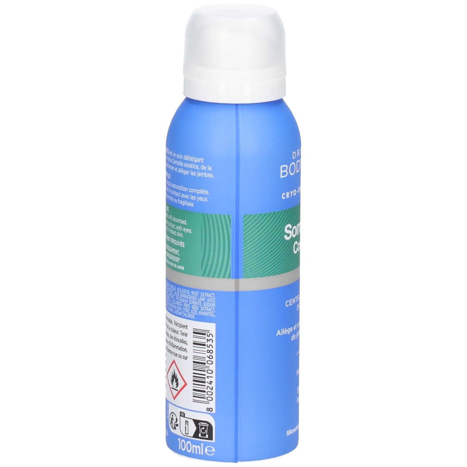 Arrière d'une bombe de pulvérisation bleue avec capuchon blanc, informations produit.