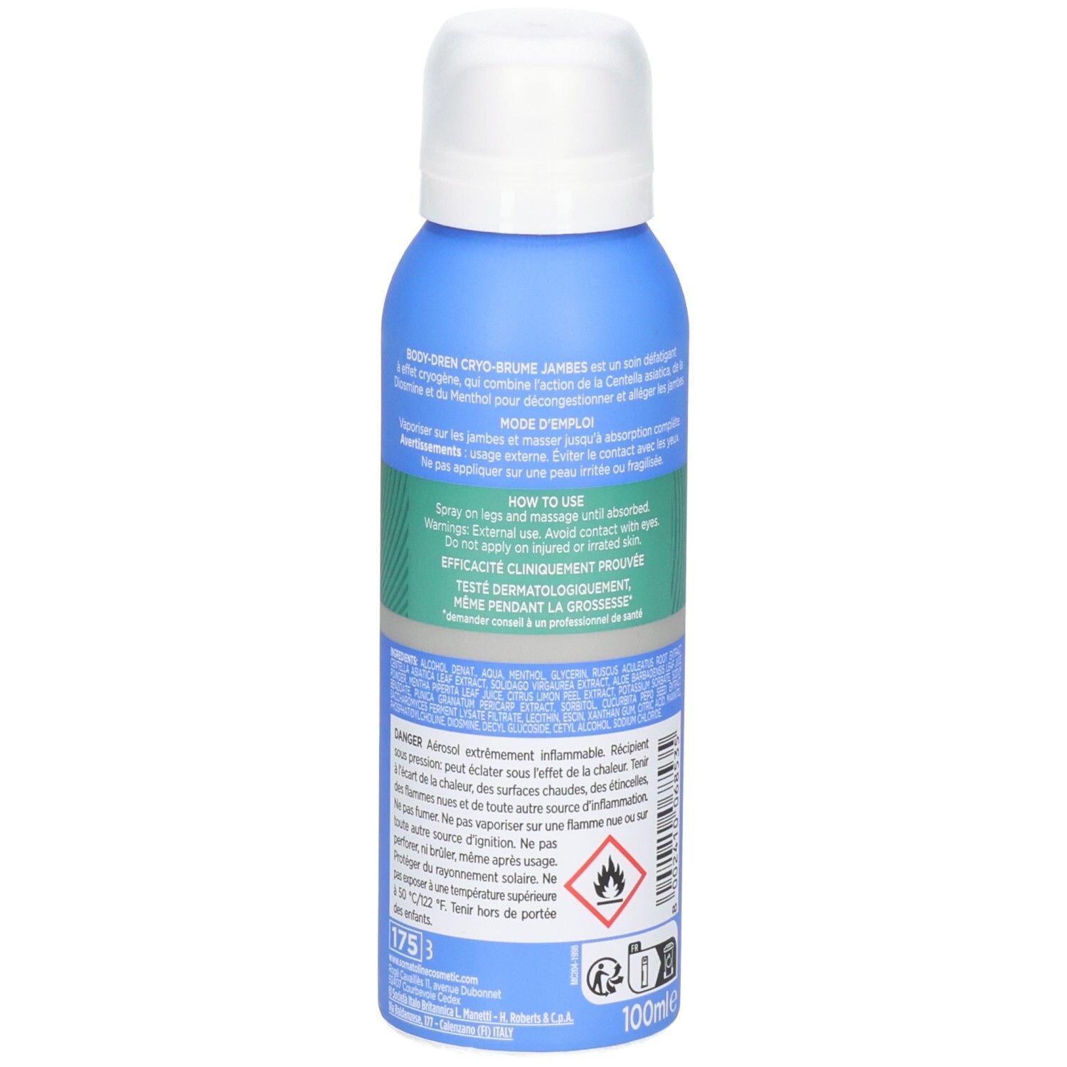 Arrière d'une bombe de pulvérisation bleue avec capuchon blanc, instructions d'utilisation et avertissements.