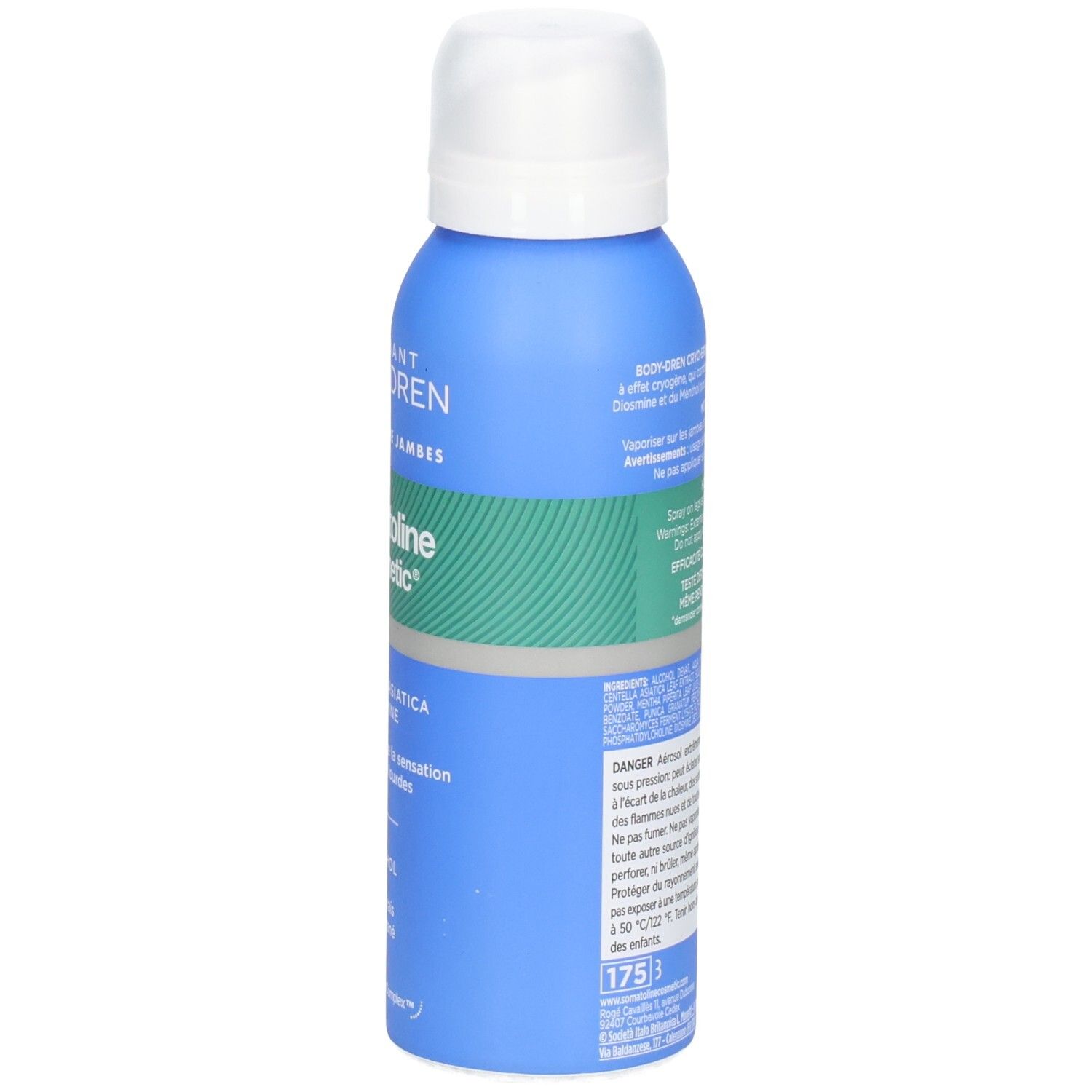 Arrière d'une bombe de pulvérisation bleue avec capuchon blanc, informations produit.